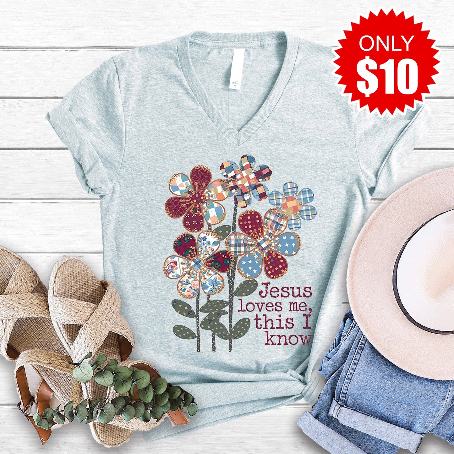 Jesus Loves Me V-Neck - Heather Ice Blue - 10