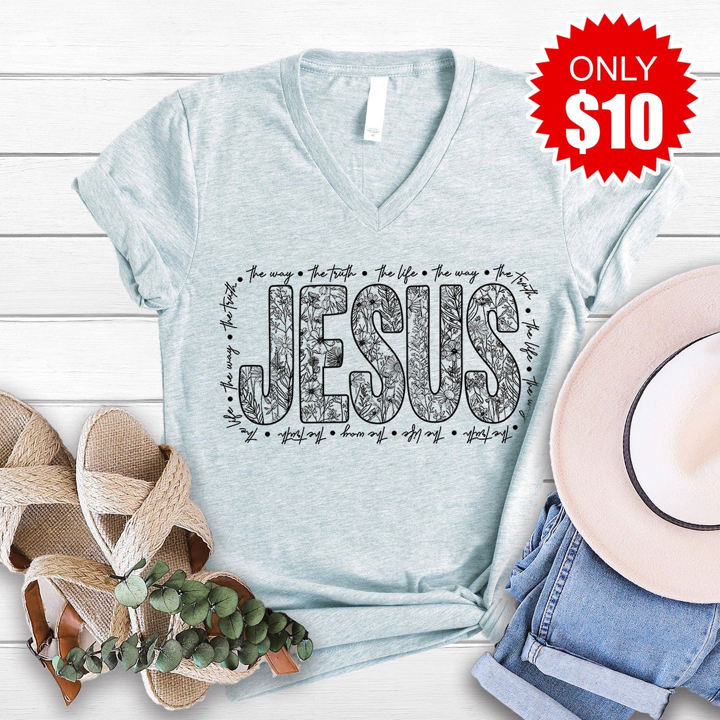 Jesus V-Neck - Heather Ice Blue - 10