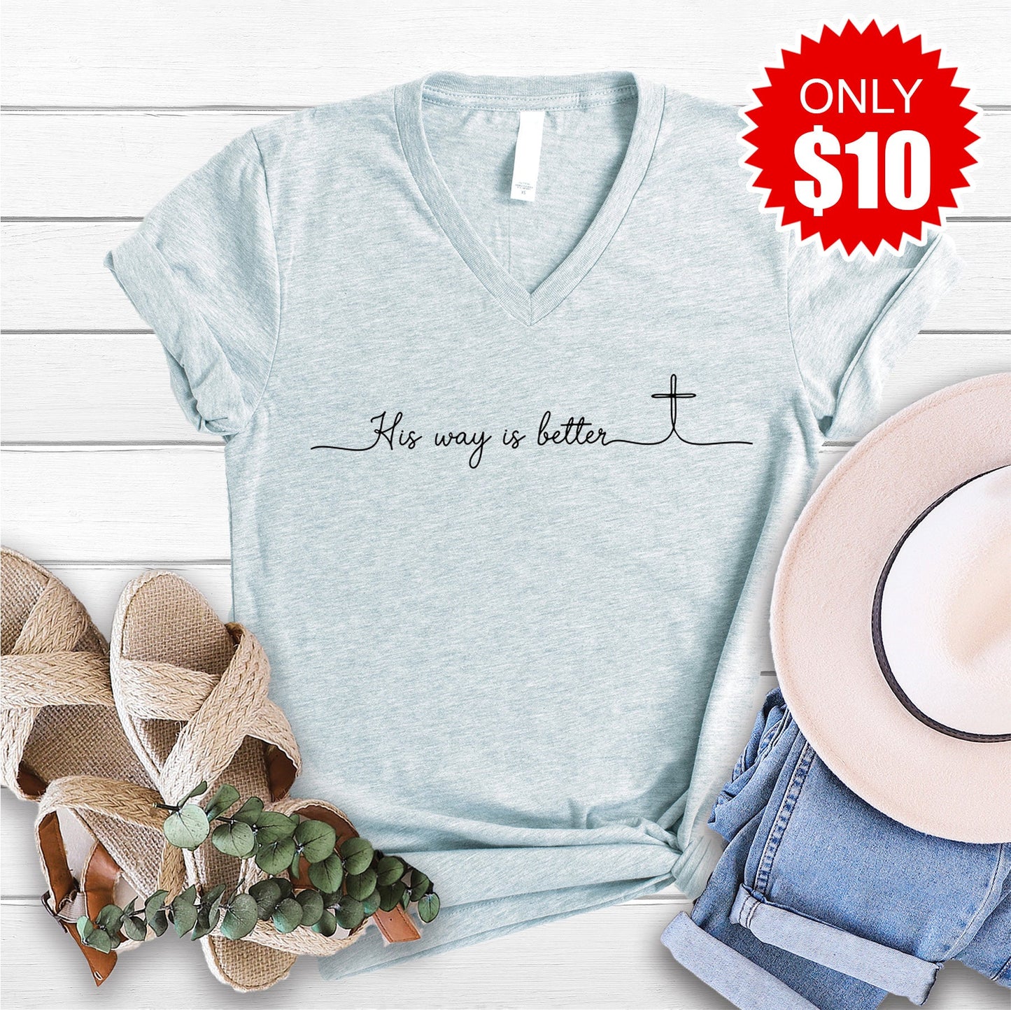 His Way Is Better V-Neck - Heather Ice Blue - 10