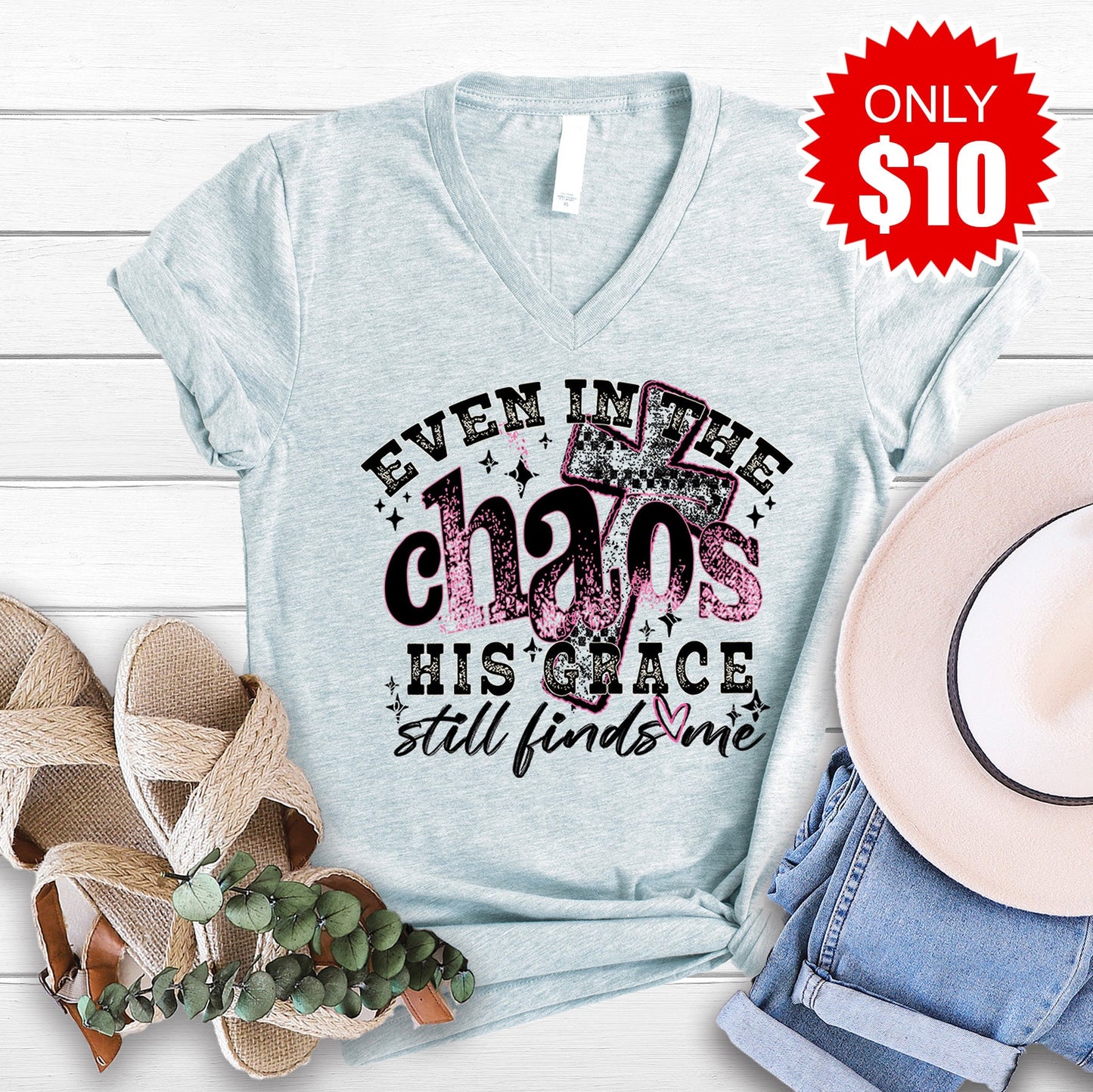 His Grace Still Finds Me V-Neck - Heather Prism Ice Blue - 10