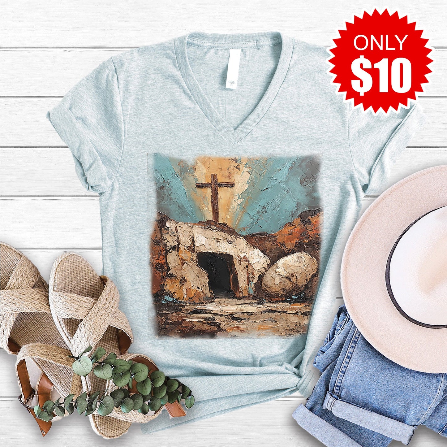 He Is Risen V-Neck - Heather Ice Blue - 10