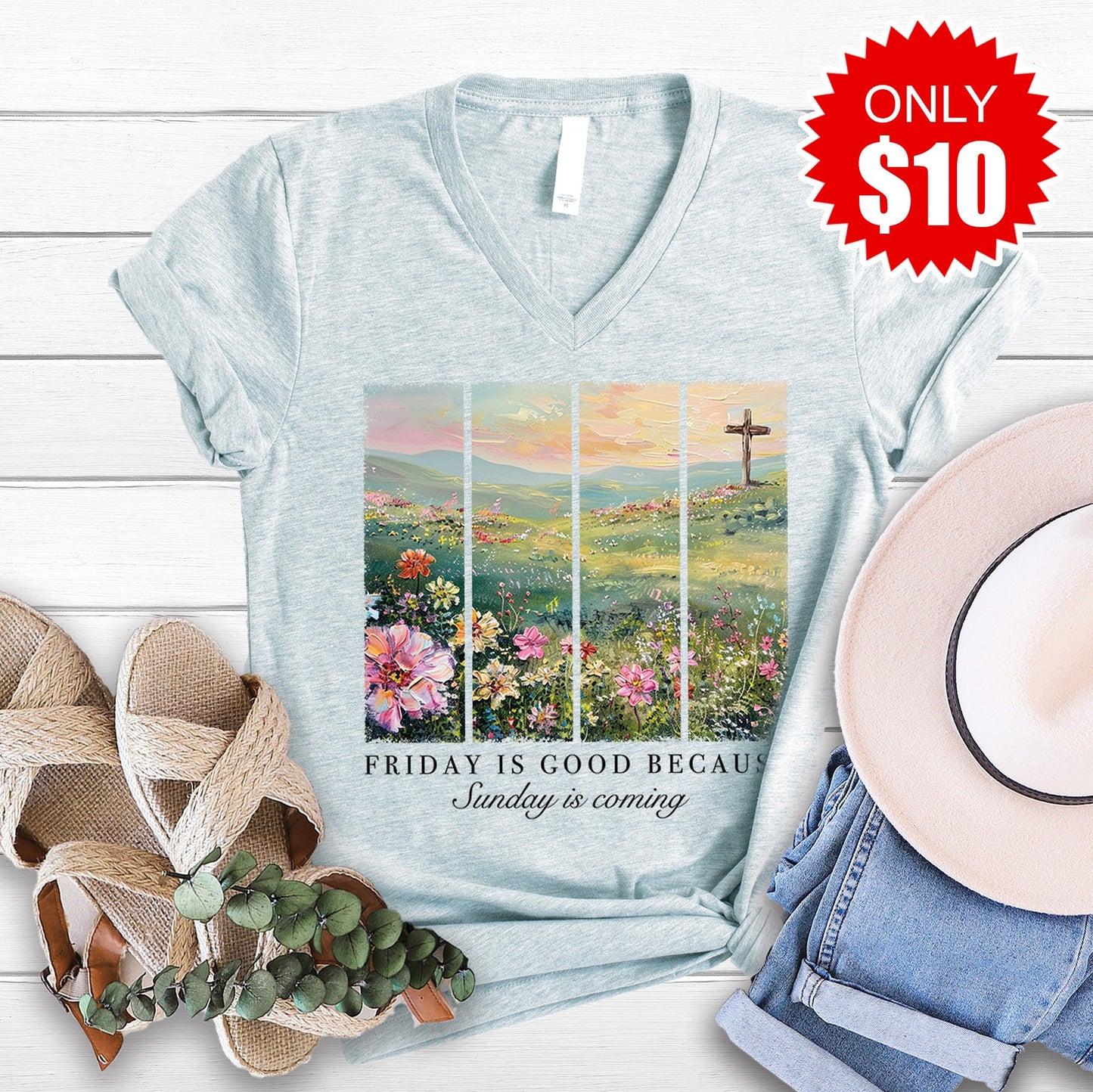 Friday Is Good V-Neck - Heather Prism Ice Blue - 10
