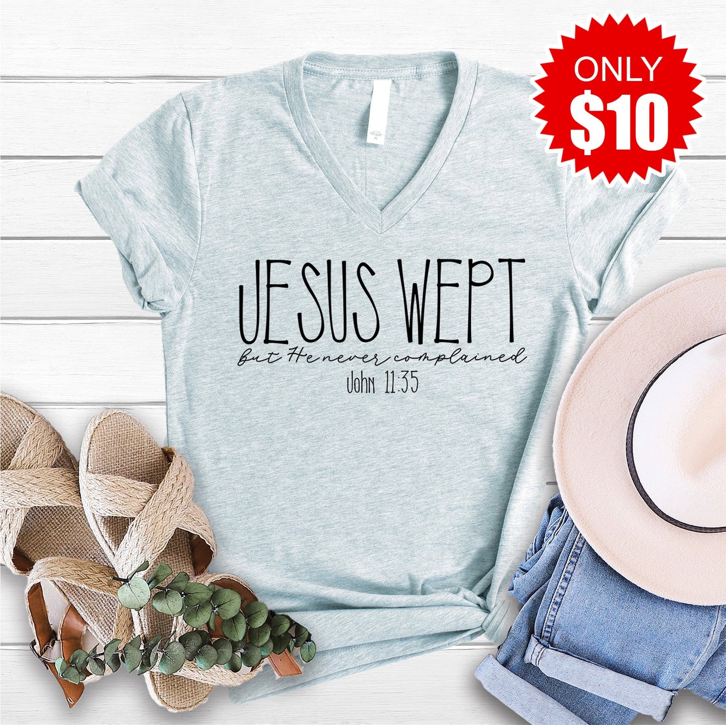 Jesus Wept V-Neck - Heather Prism Ice Blue - 10