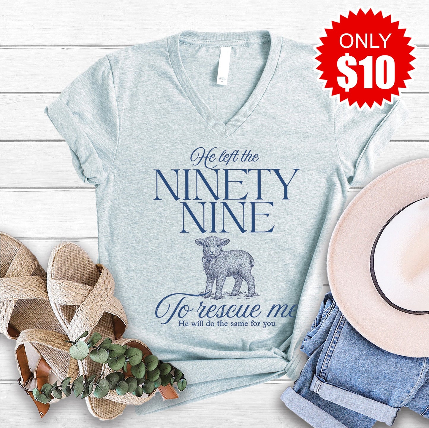 He Left The Ninety Nine V-Neck - Heather Ice Blue - 10