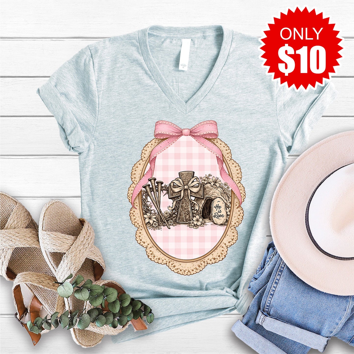He Is Risen V-Neck - Heather Prism Ice Blue - 10