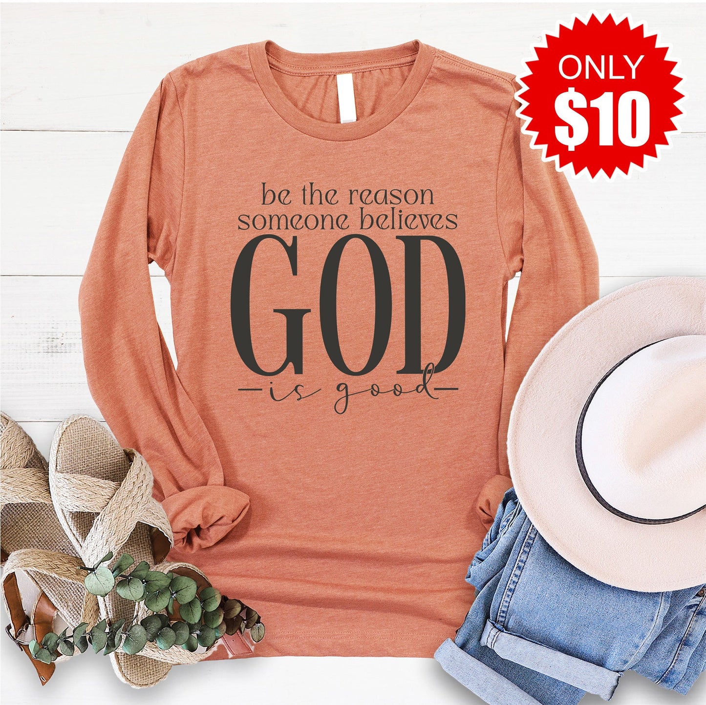 God Is Good Long Sleeve - Heather Terracotta - 10