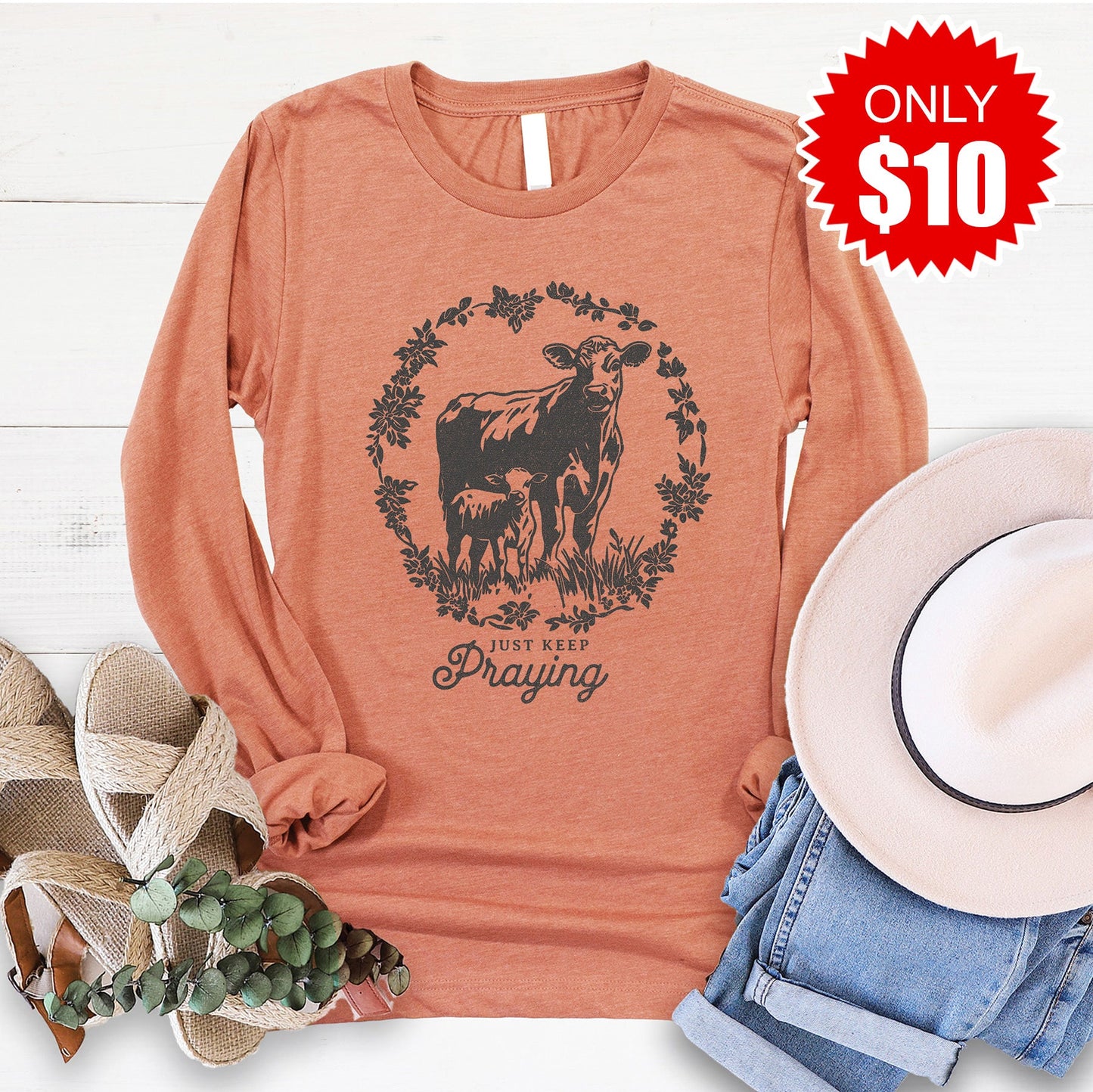 Just Keep Praying Long Sleeve - Heather Terracotta - 10