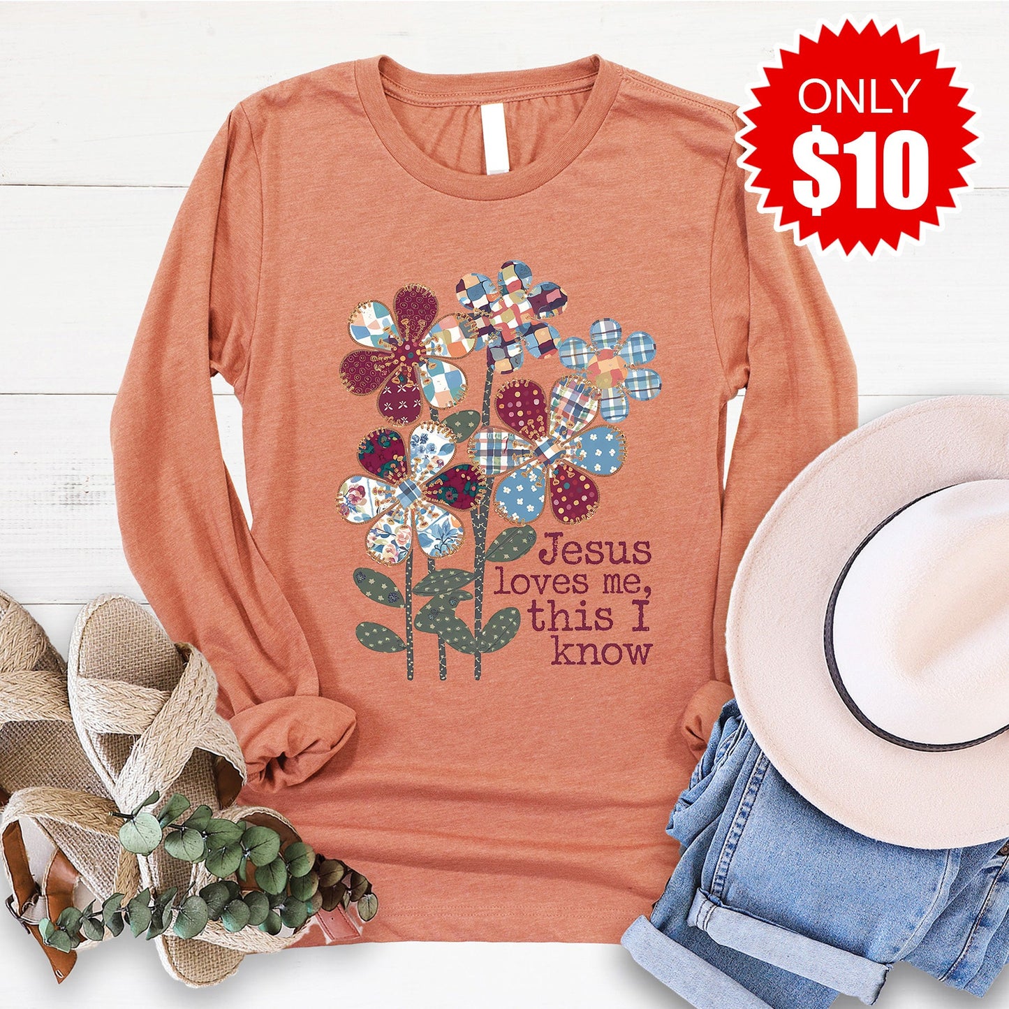 Jesus Loves Me Long Sleeve - Heather Terracotta - 10