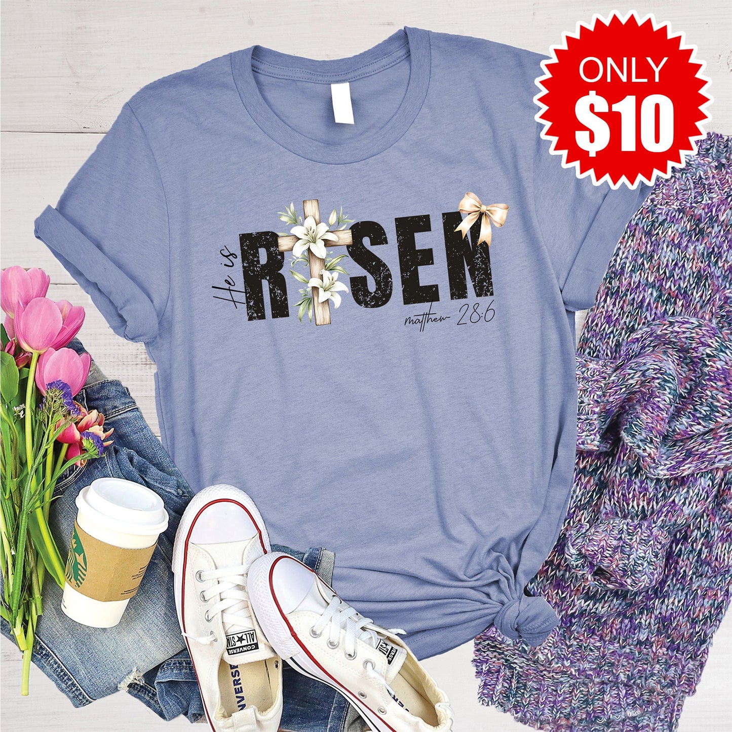 He Is Risen Tee - Heather Lavender Blue - 10