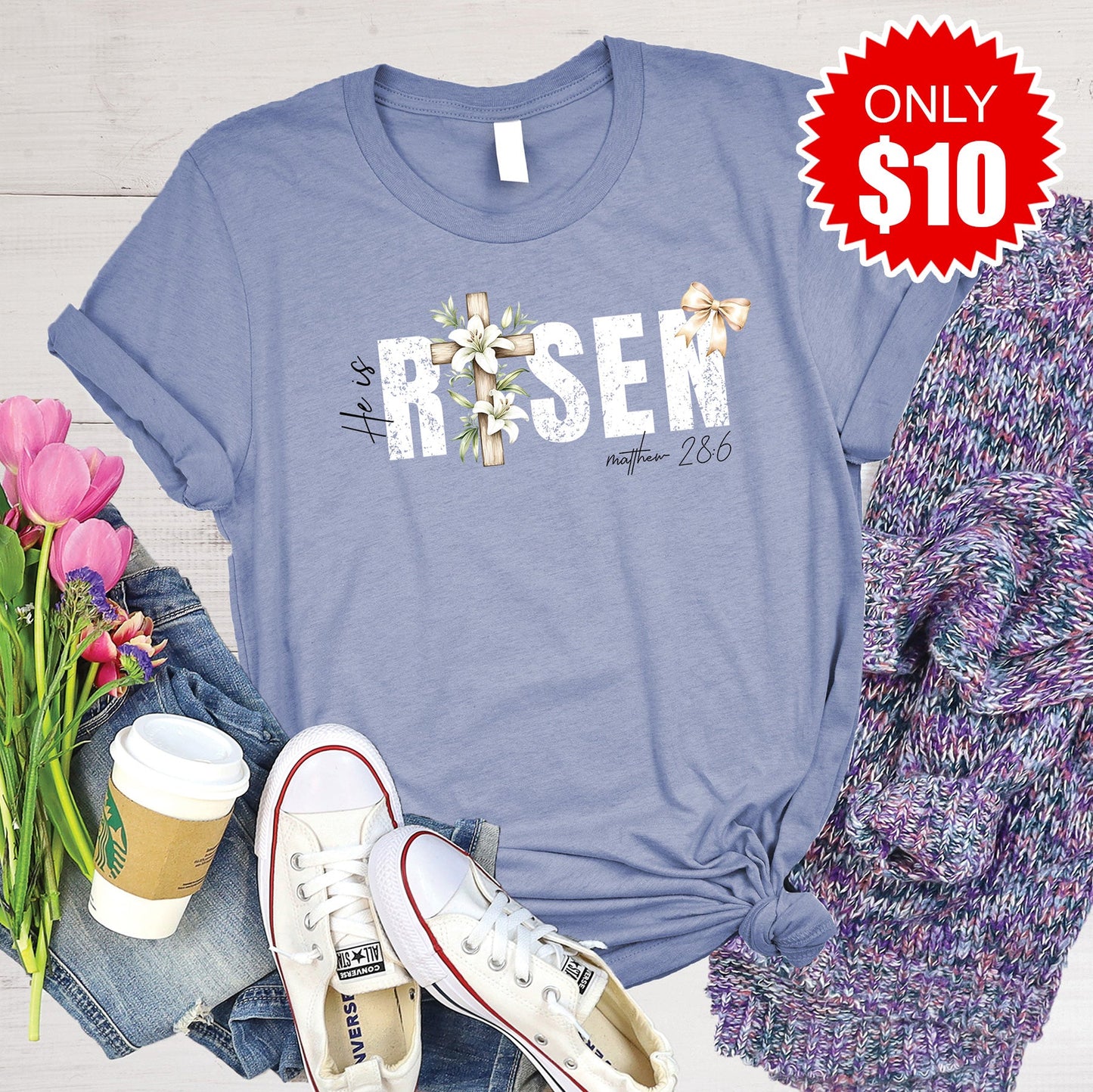 He Is Risen Tee - Heather Lavender Blue - 10