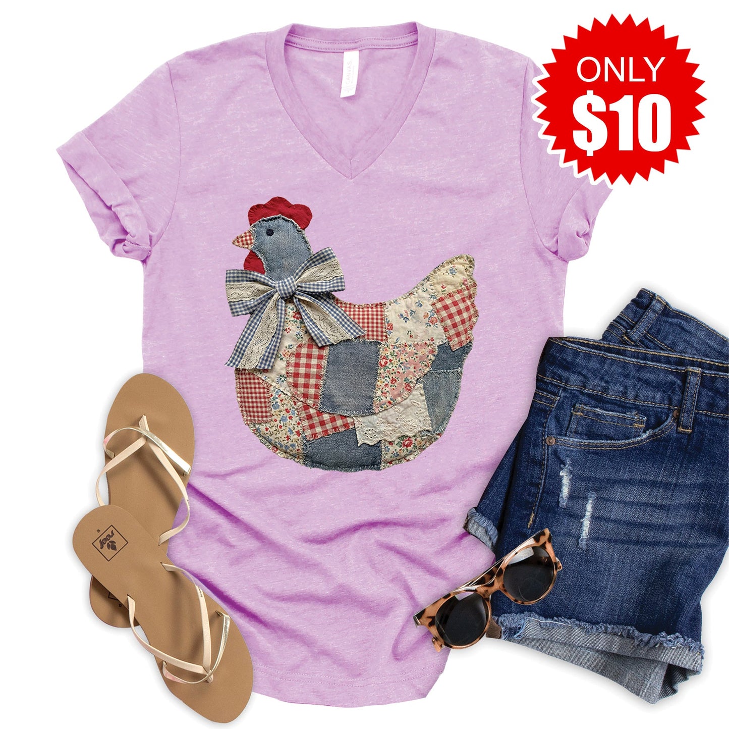 Hen Patchwork V-Neck - Heather Lilac - 10