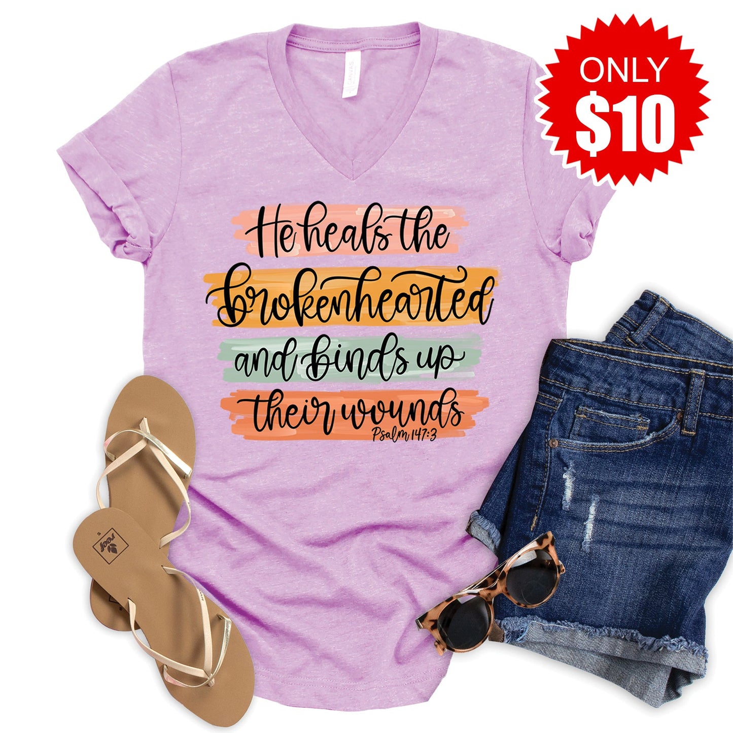 He Heals The Brokenhearted V-Neck - Heather Lilac - 10
