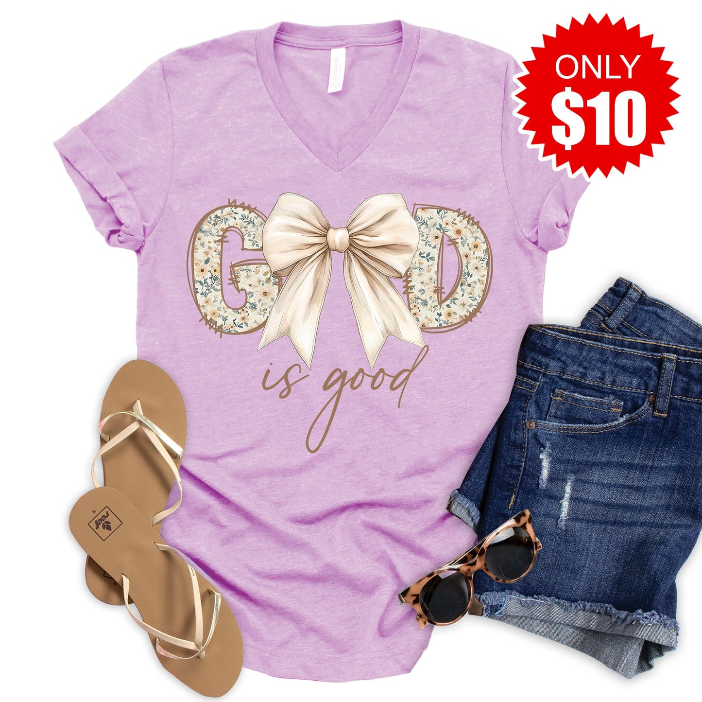God Is Good V-Neck - Heather Lilac - 10
