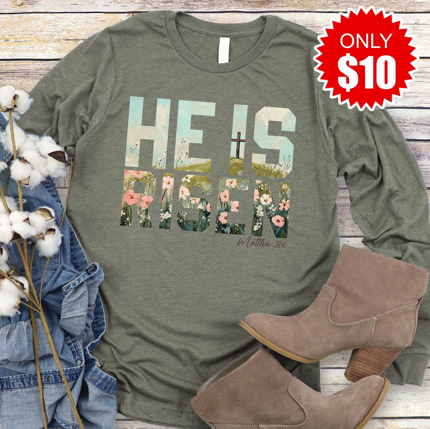 He Is Risen Long Sleeve - Heather Olive - 10