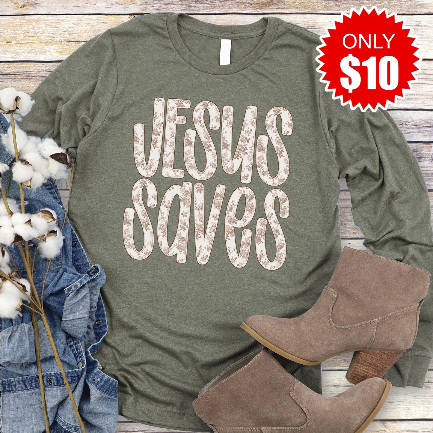Jesus Saves Long Sleeve - Heather Olive - 10