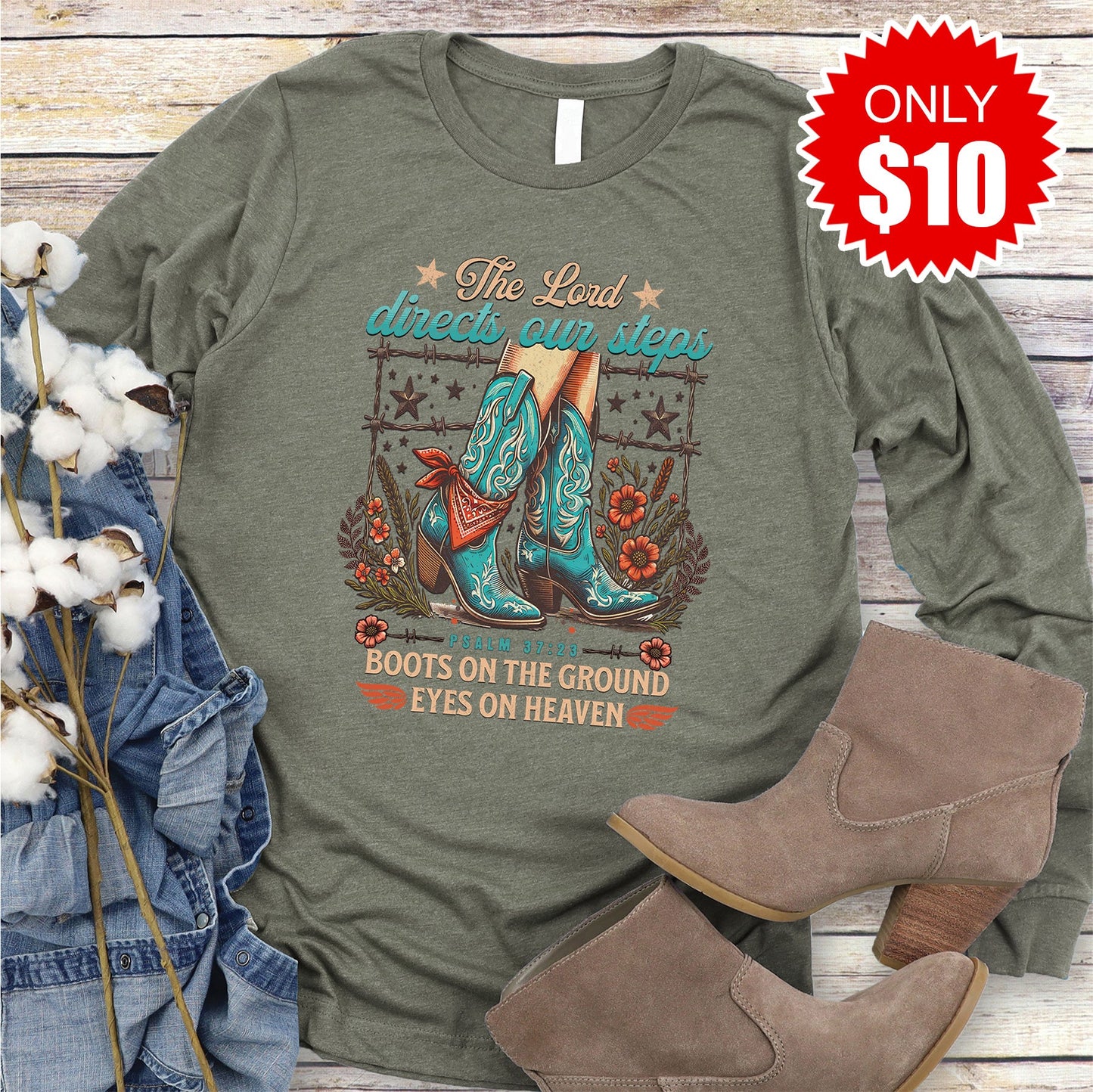 Boots On The Ground Long Sleeve - Heather Olive - 10