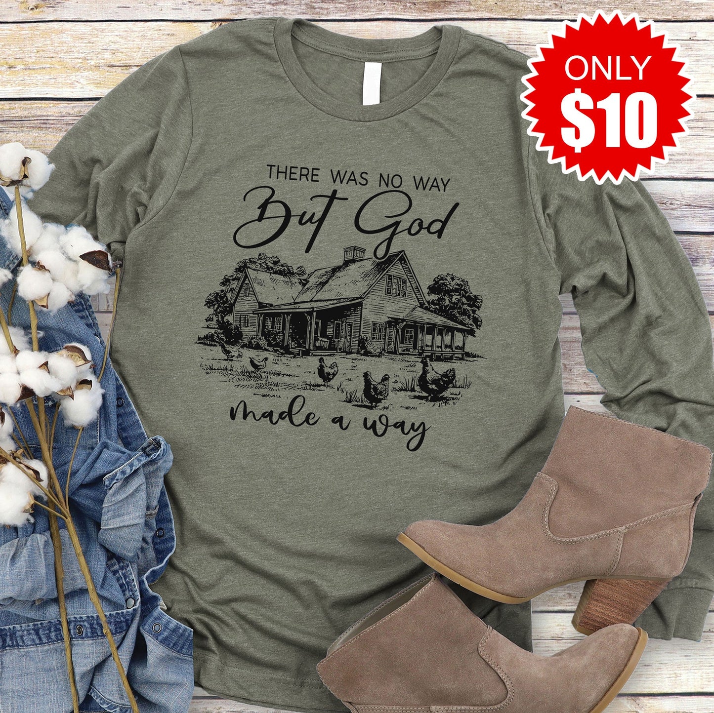 God Made a Way Long Sleeve - Heather Olive - 10