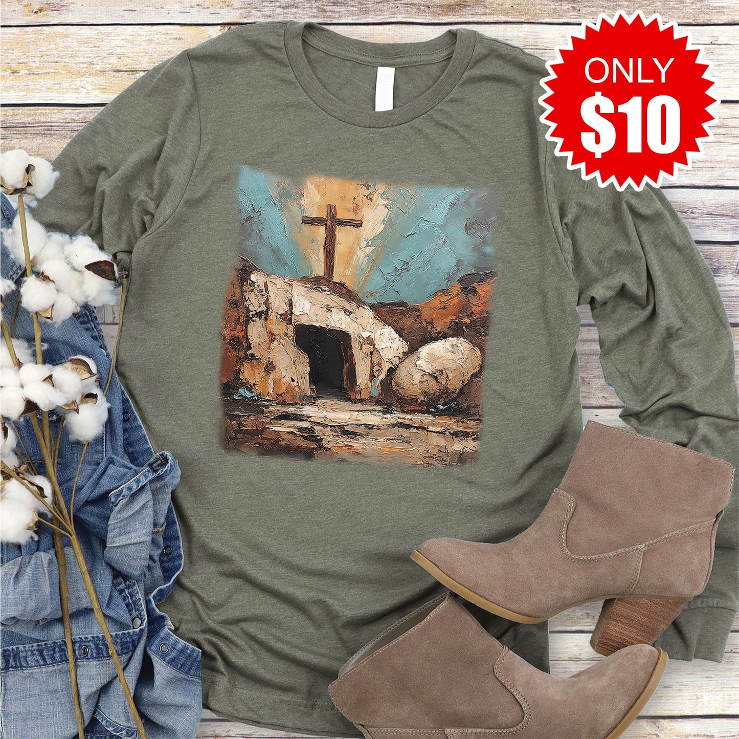 He Is Risen Long Sleeve - Heather Olive - 10