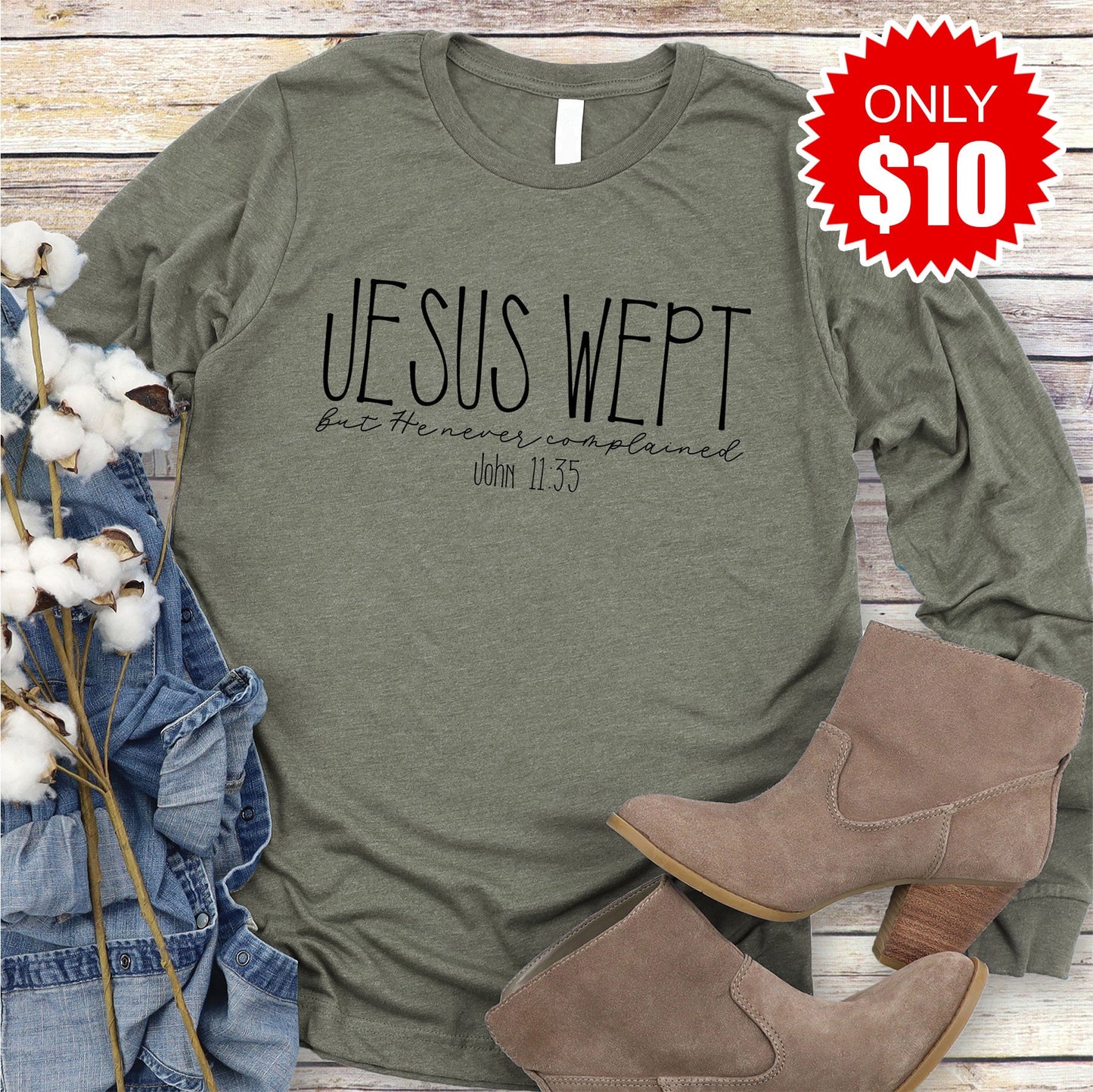 Jesus Wept Long Sleeve - Heather Olive - 10