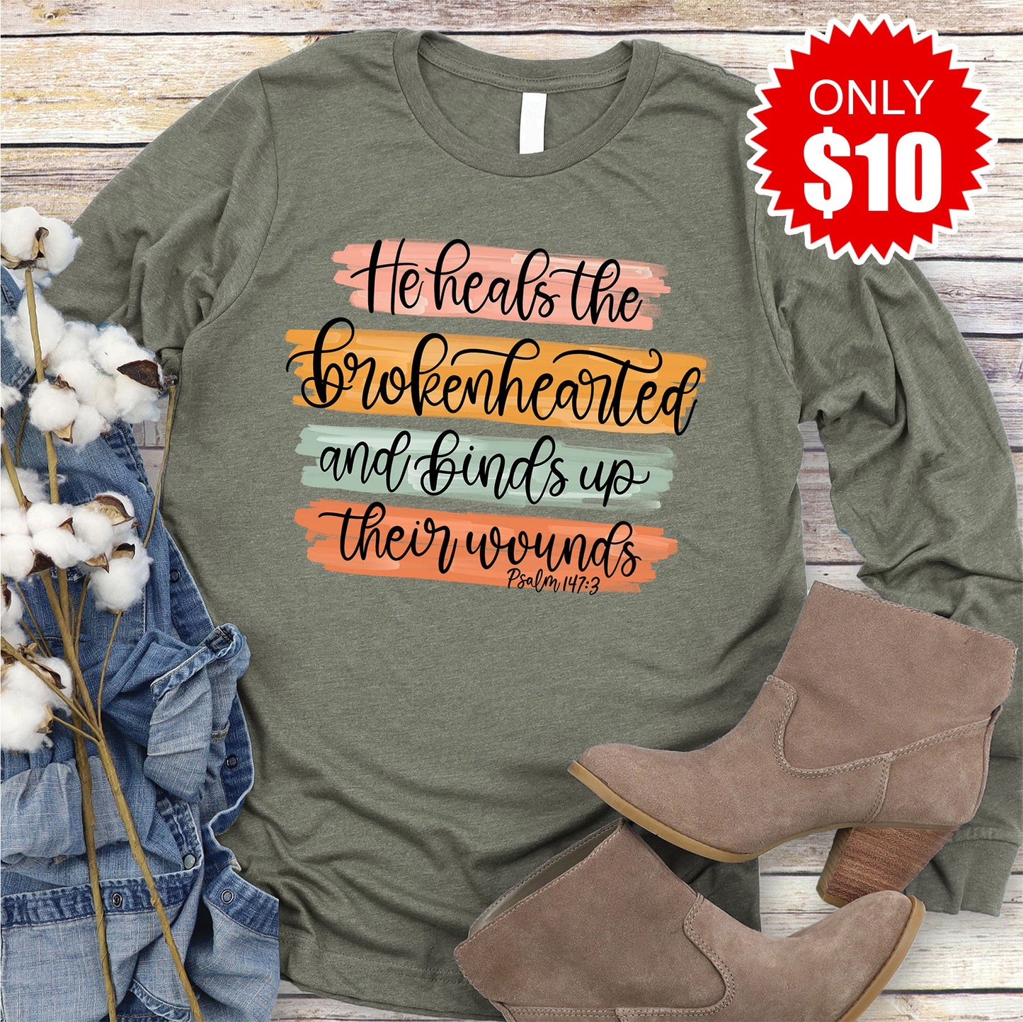 He Heals The Brokenhearted Long Sleeve - Heather Olive - 10