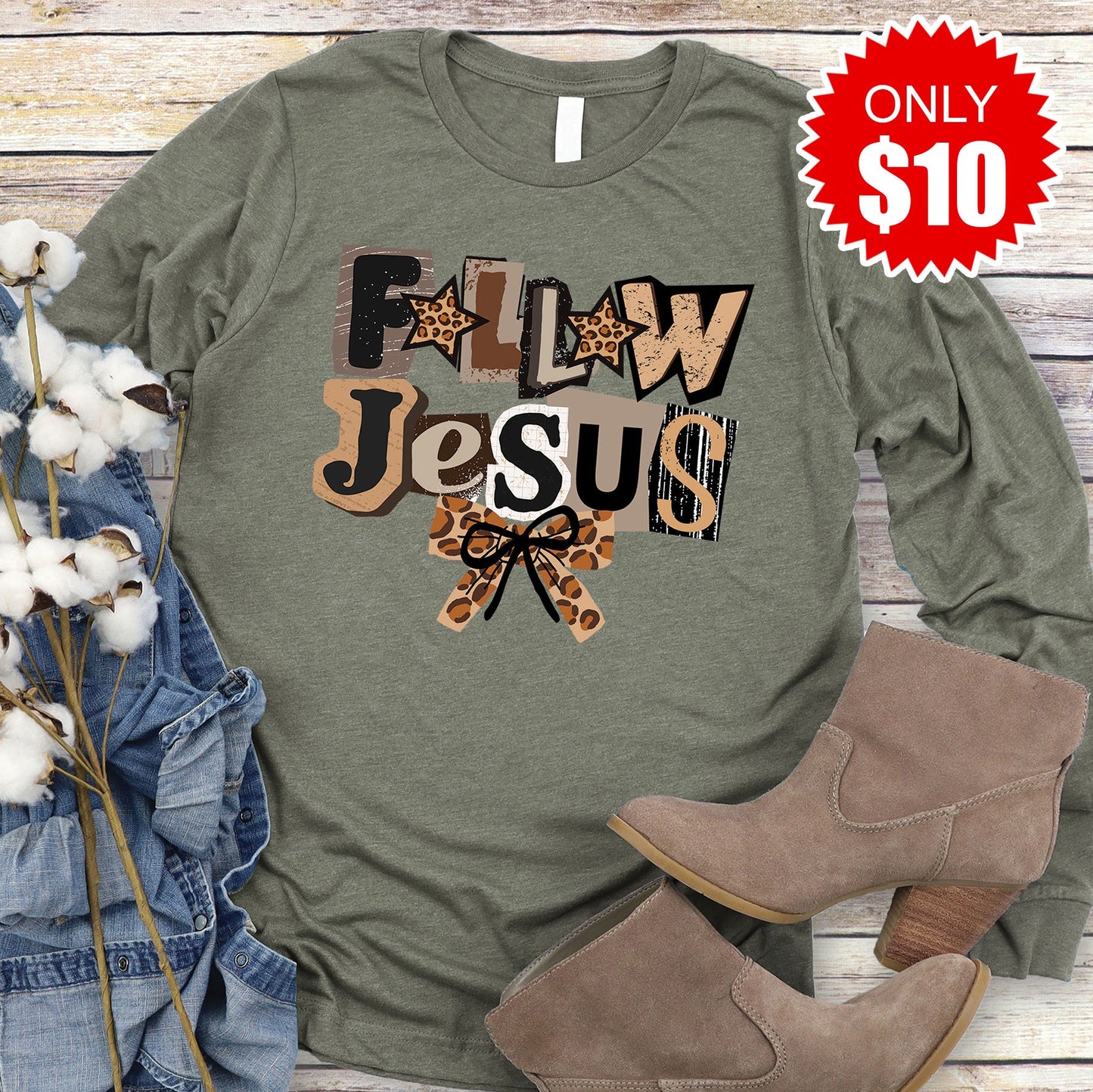 Follow Jesus Long Sleeve - Heather Olive - 10