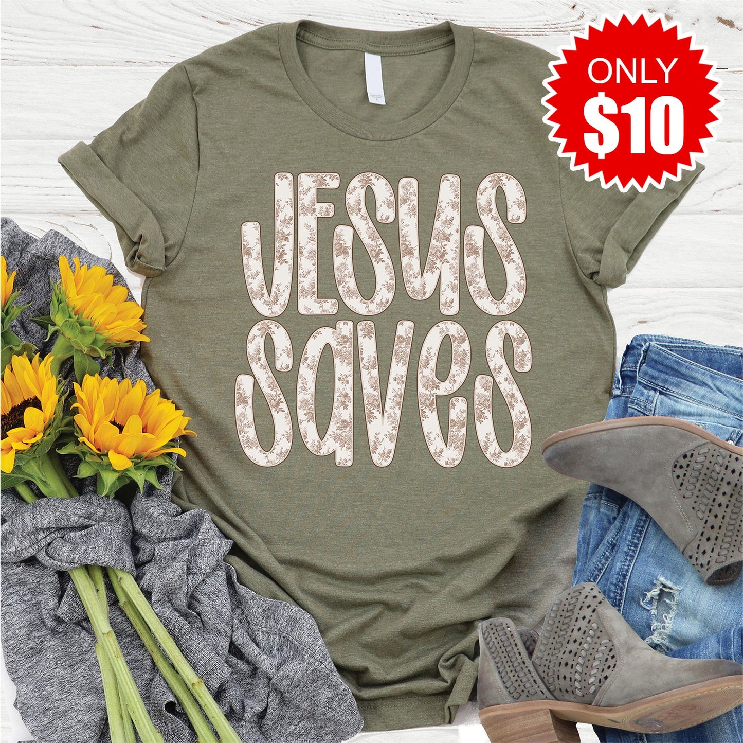 Jesus Saves Tee - Heather Olive - 10