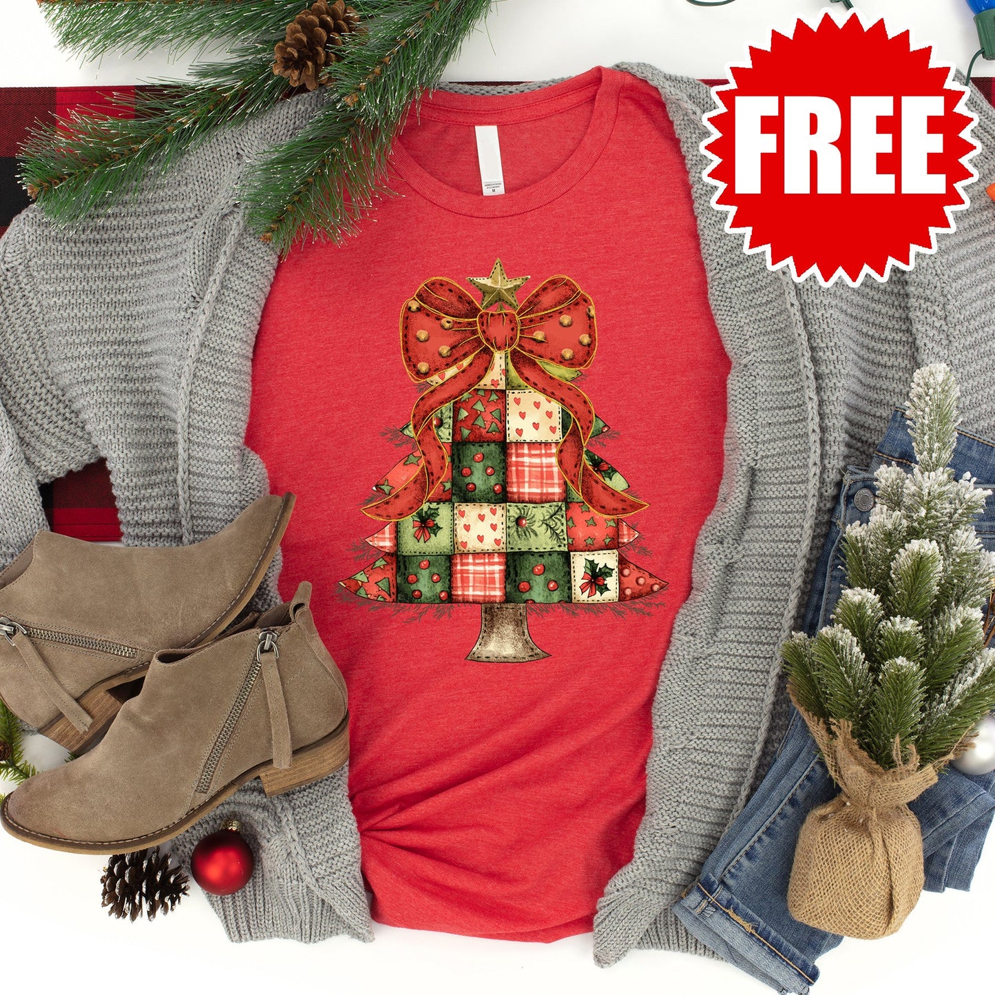 Christmas Tree Patchwork Tee - Heather Red - 0