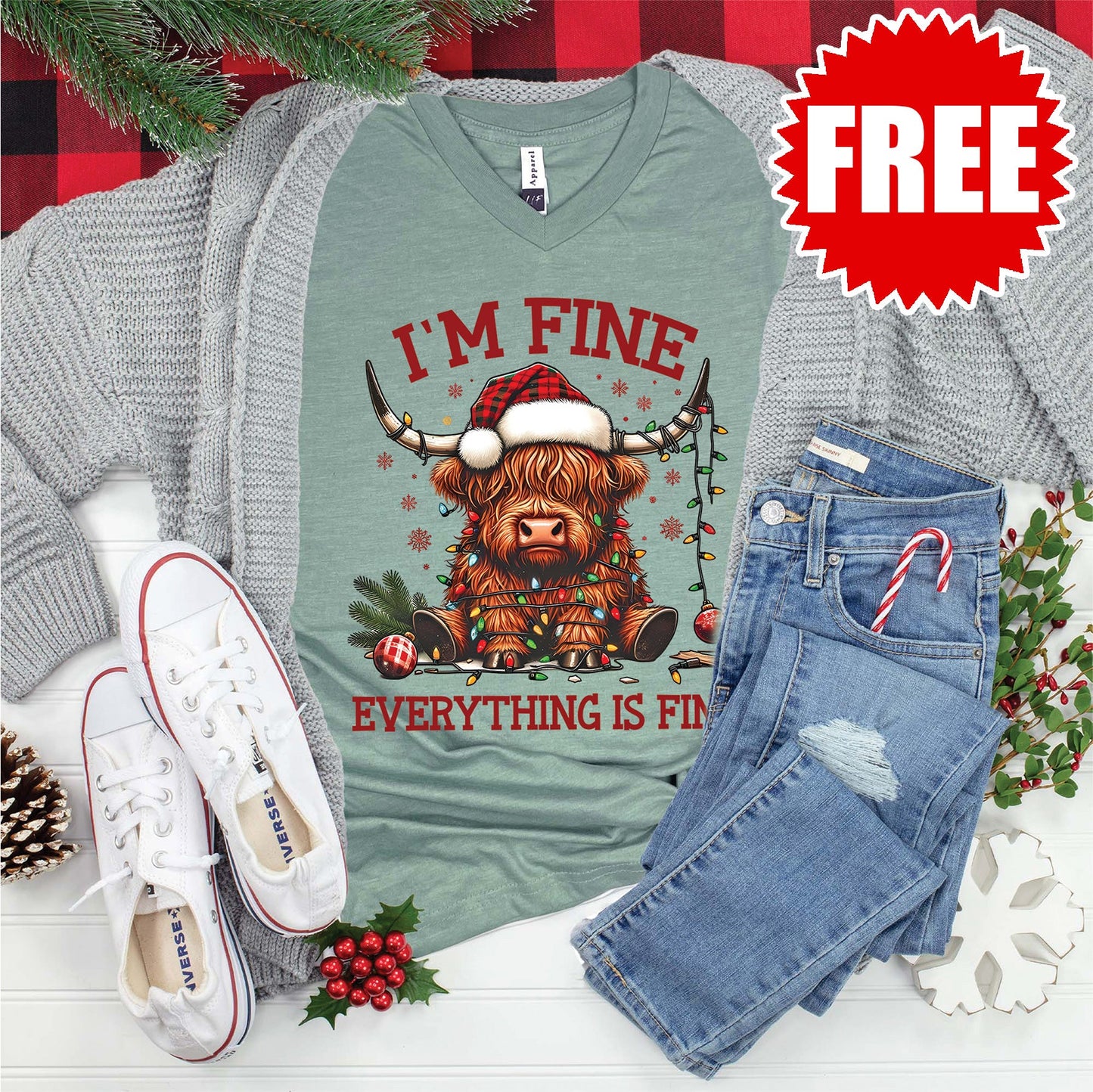 Everything is Fine Cow V-Neck - Heather Sage - 0