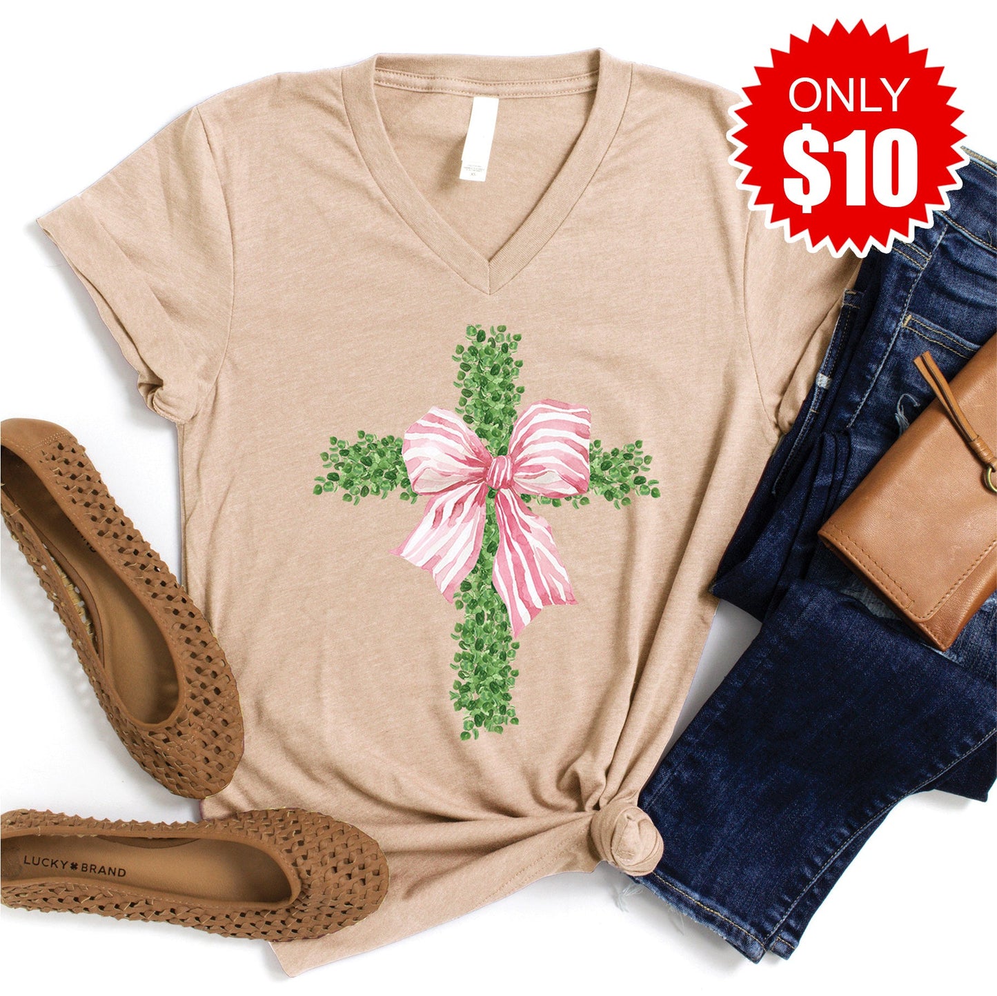 Cross V-Neck - Heather Sand Dune - 10