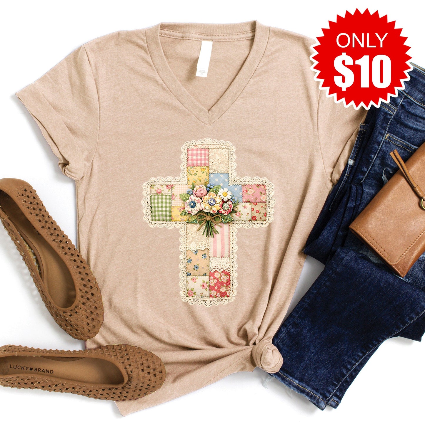 Cross Patchwork V-Neck - Heather Sand Dune - 10