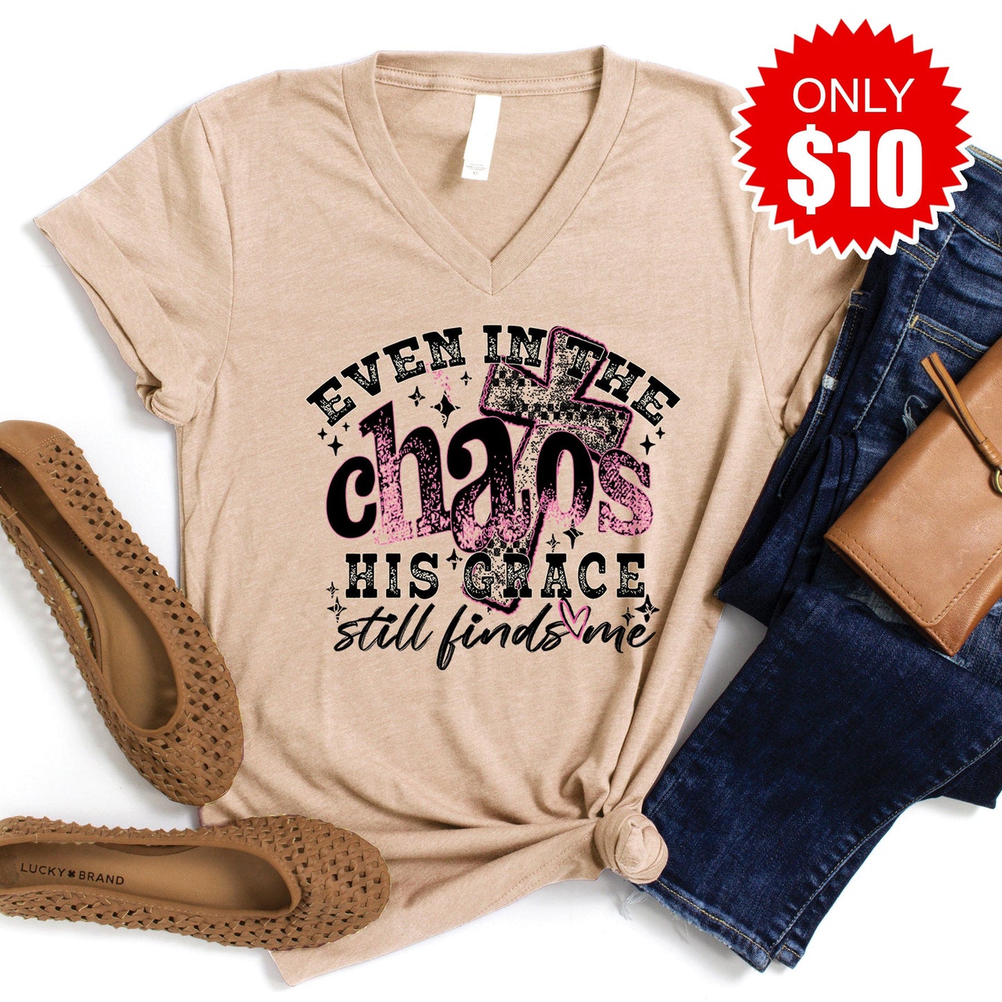 His Grace Still Finds Me V-Neck - Heather Sand Dune - 10