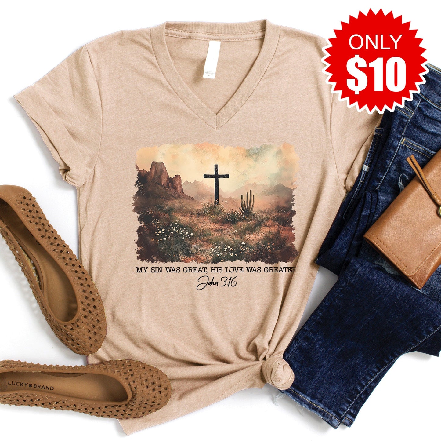John 3:16 V-Neck - Heather Sand Dune - 10