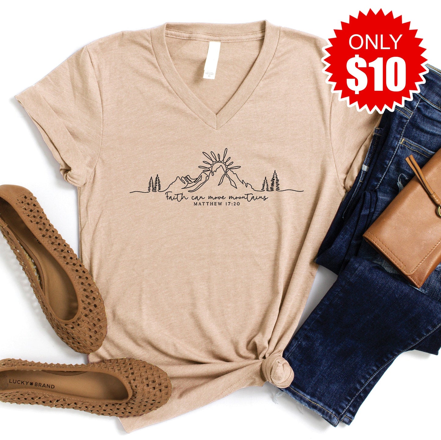 Faith Can Move Mountains V-Neck - Heather Sand Dune - 10