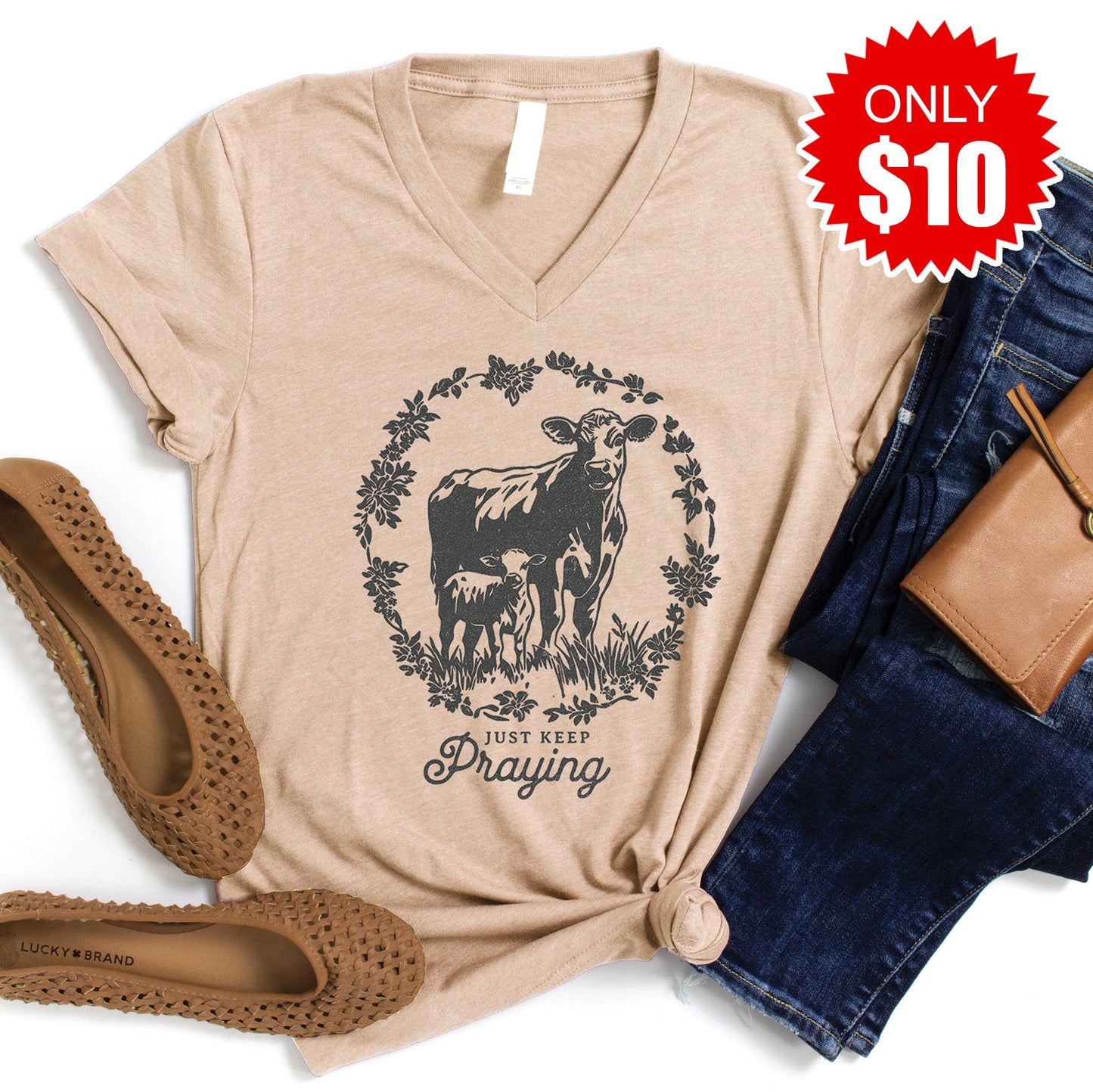Just Keep Praying V-Neck - Heather Sand Dune - 10