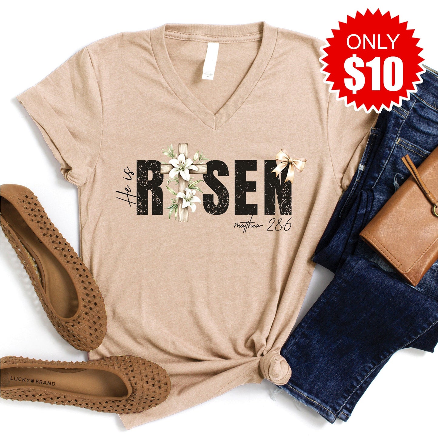 He Is Risen V-Neck - Heather Sand Dune - 10