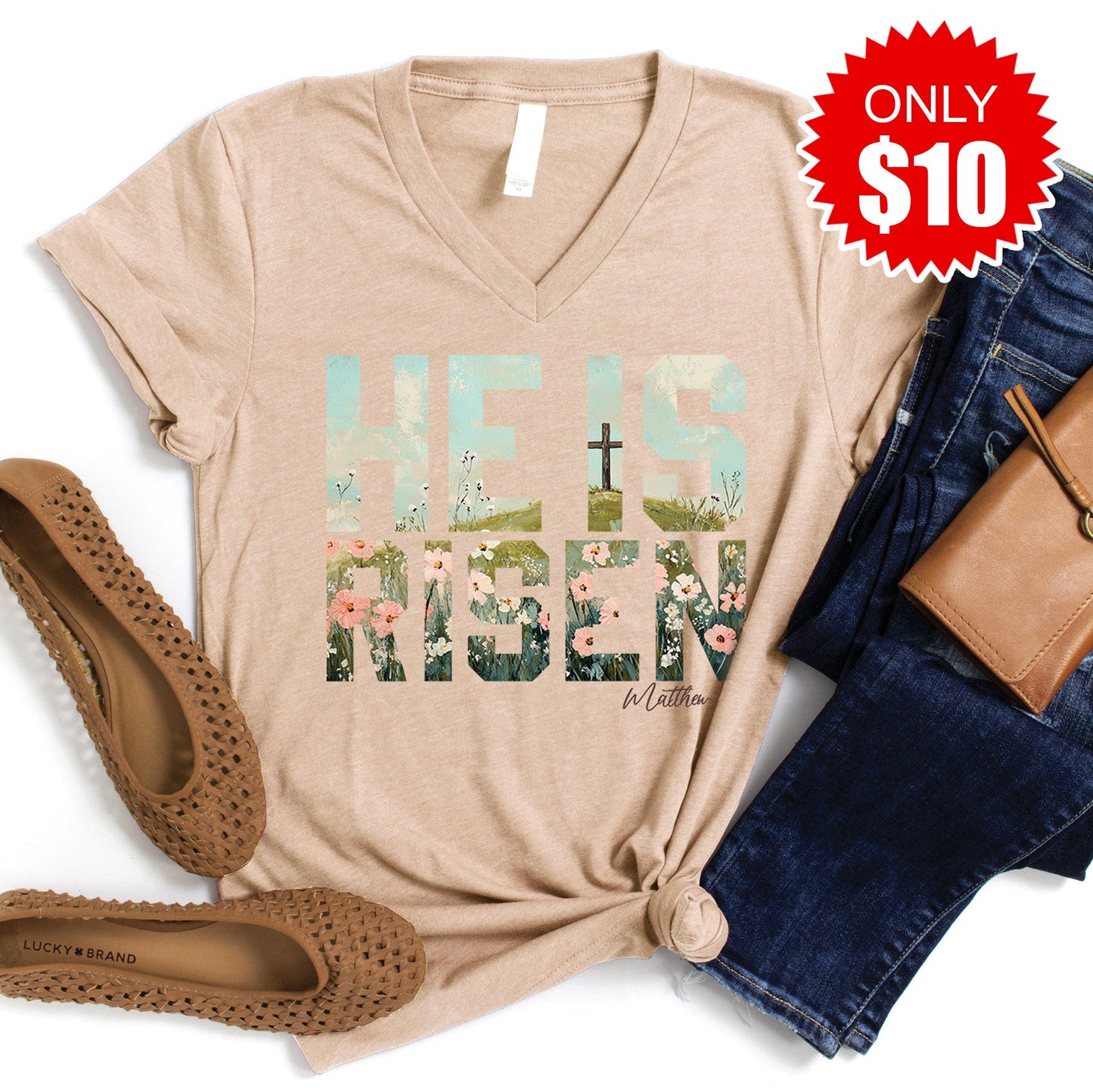 He Is Risen V-Neck - Heather Sand Dune - 10