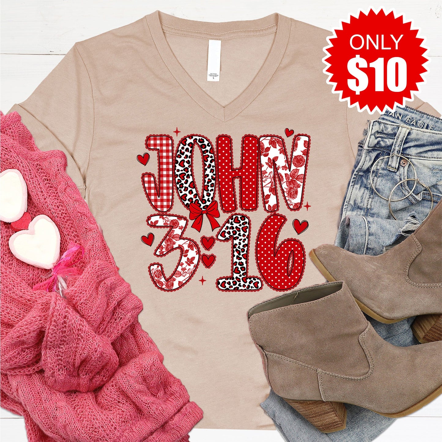 John 3:16 V-Neck - Heather Sand Dune - 10