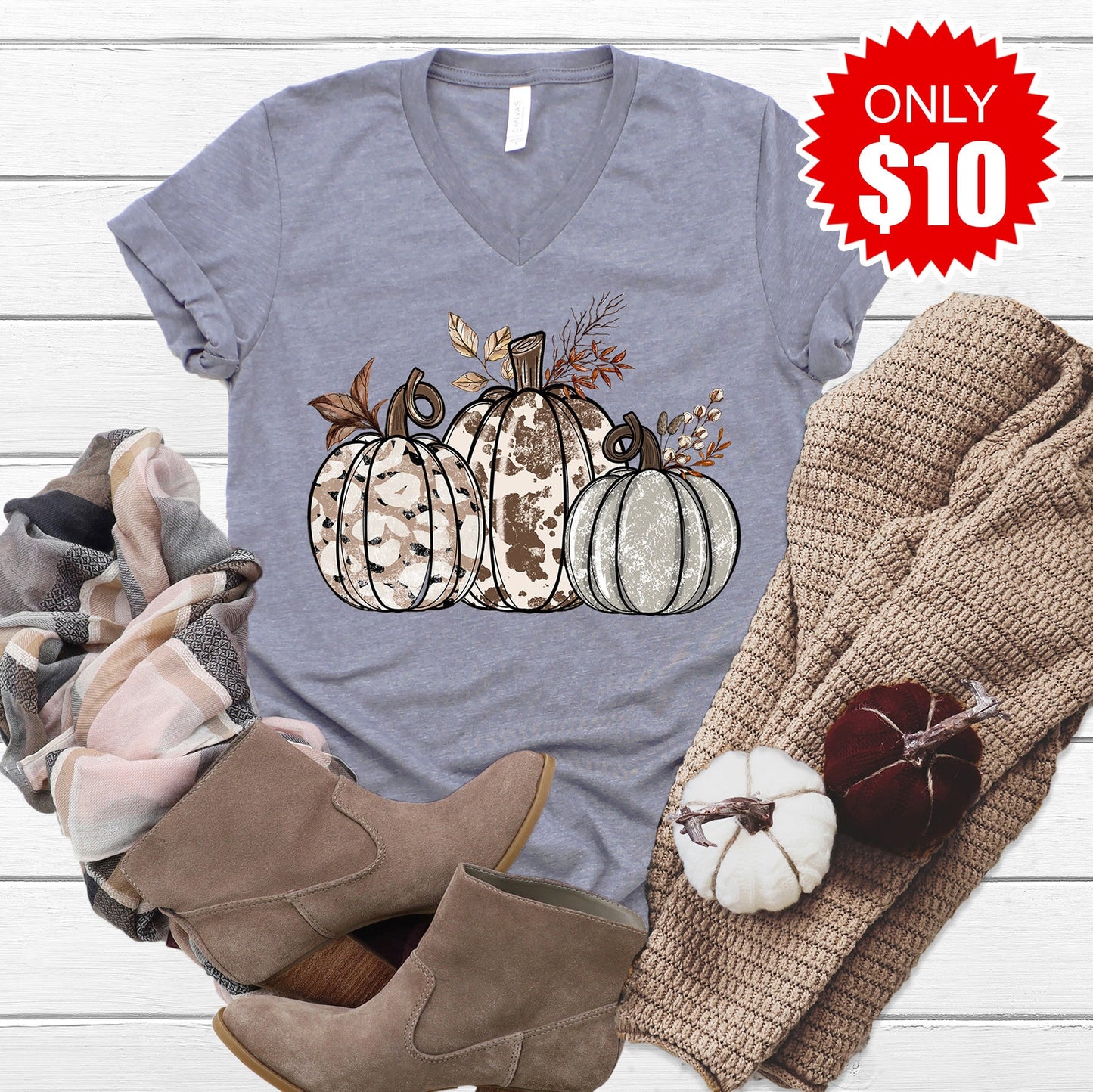 Cow Print Pumpkin V-Neck - 10