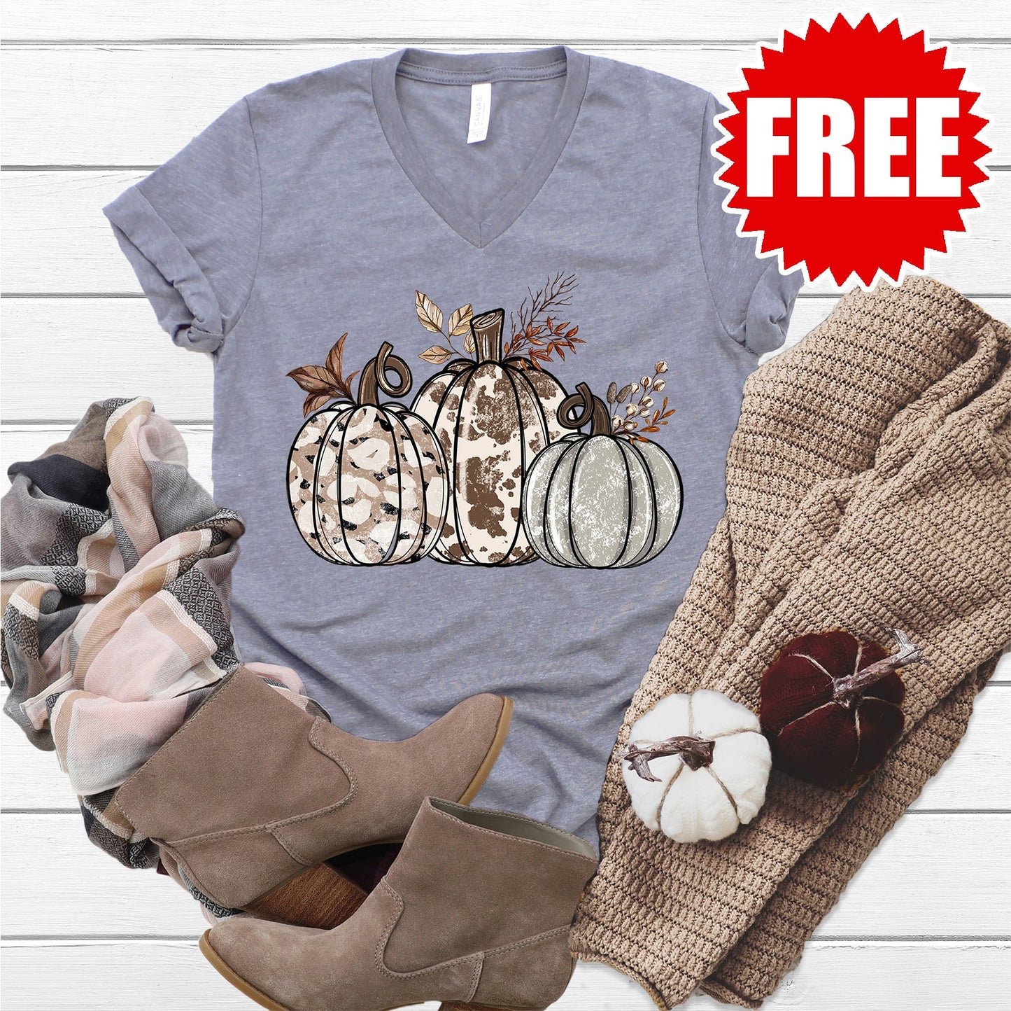 Cow Print Pumpkin V-Neck - Heather Storm - 0