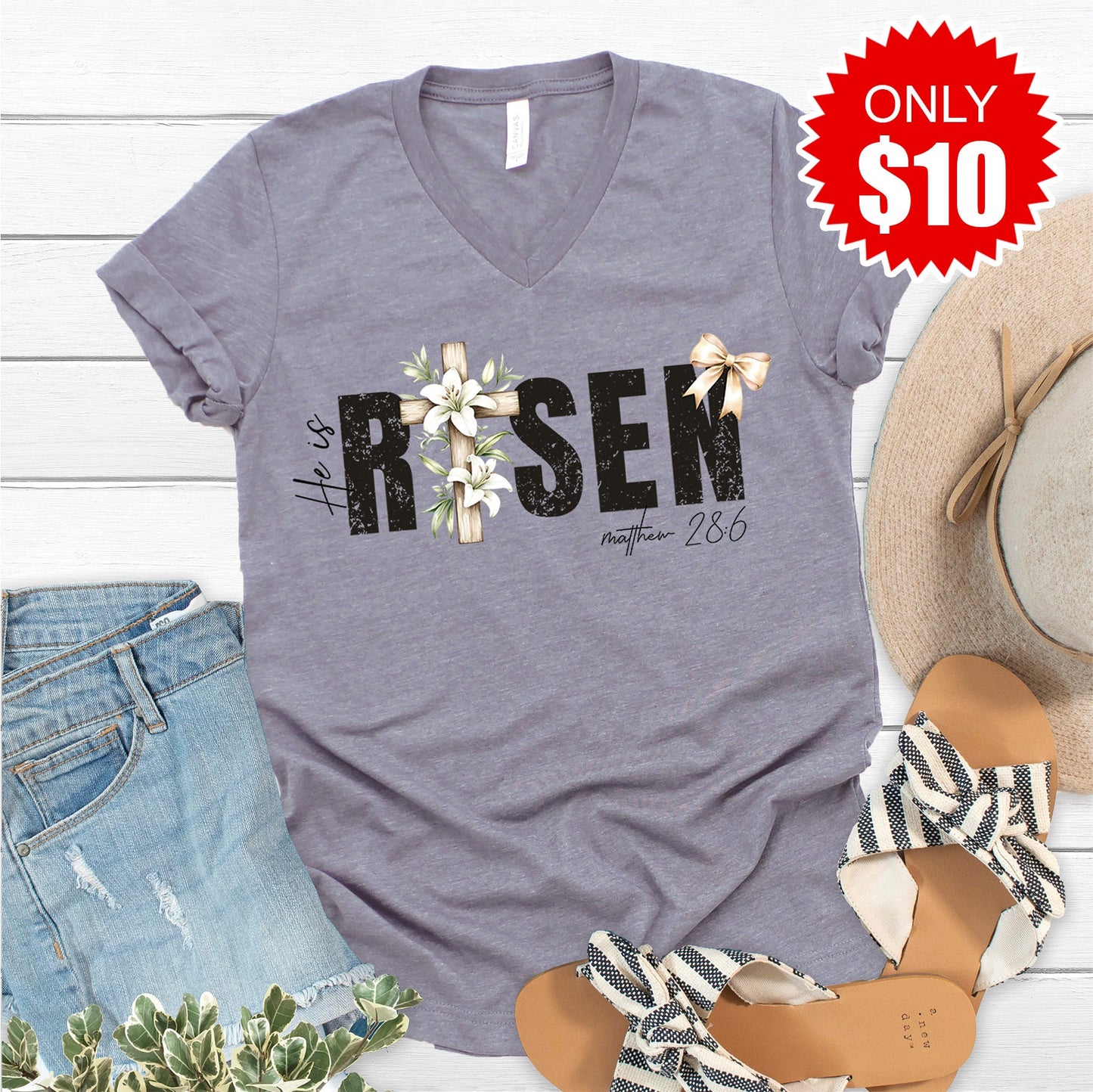 He Is Risen V-Neck - Heather Storm - 10