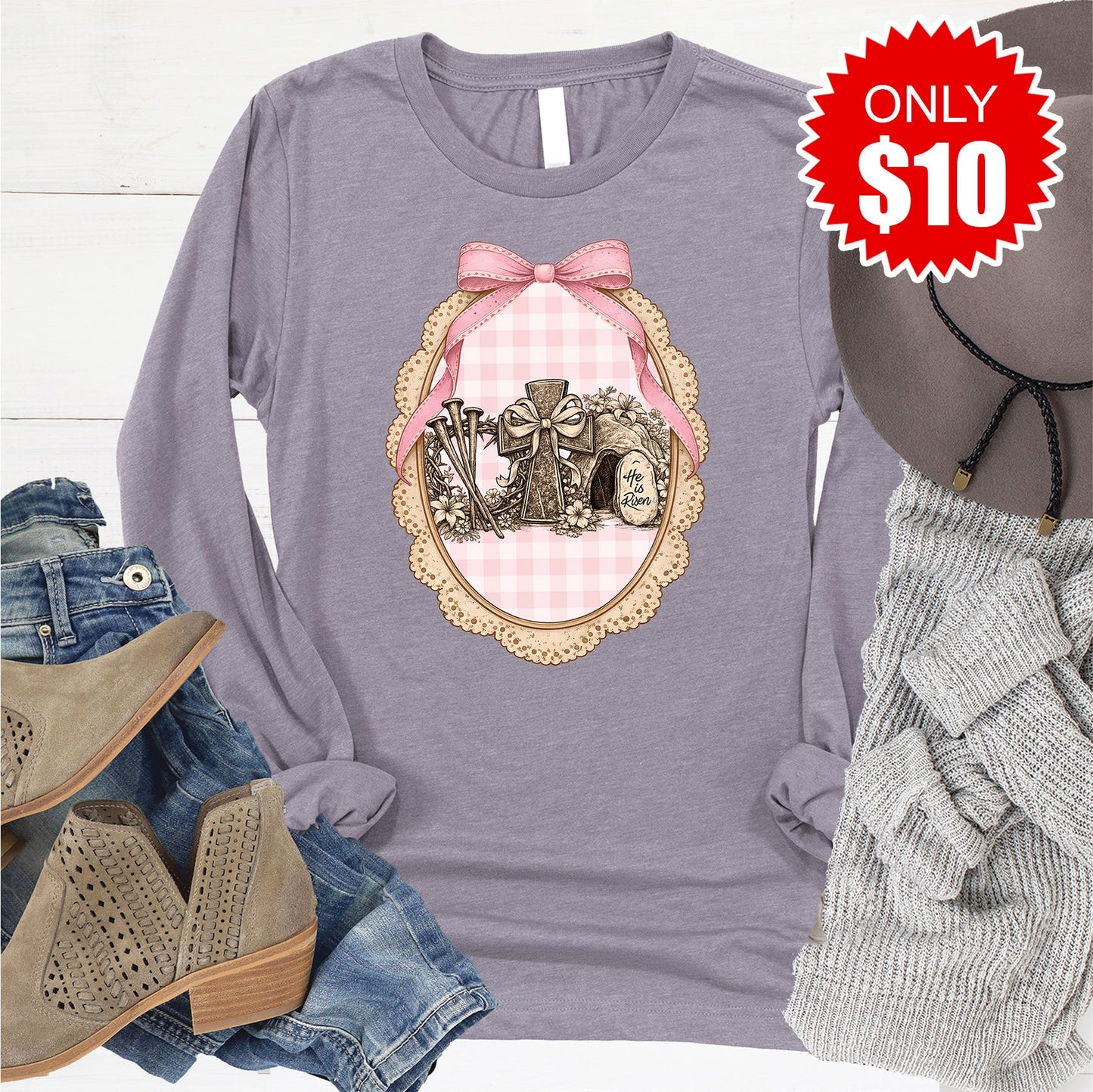 He Is Risen Long Sleeve - Heather Storm - 10