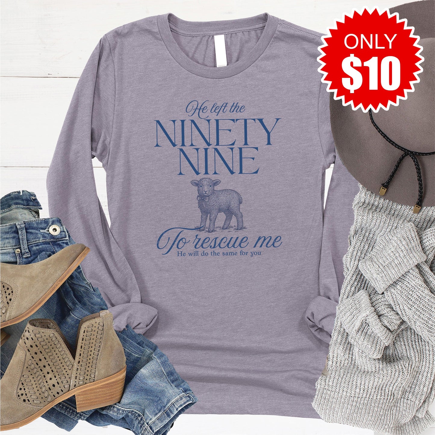 He Left The Ninety Nine Long Sleeve - Heather Storm - 10