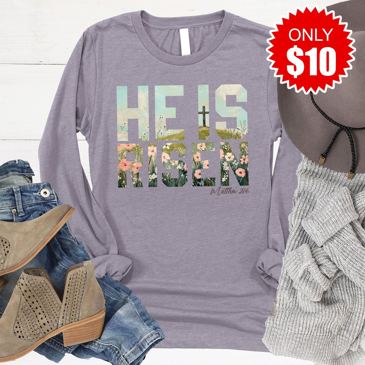 He Is Risen Long Sleeve - Heather Storm - 10