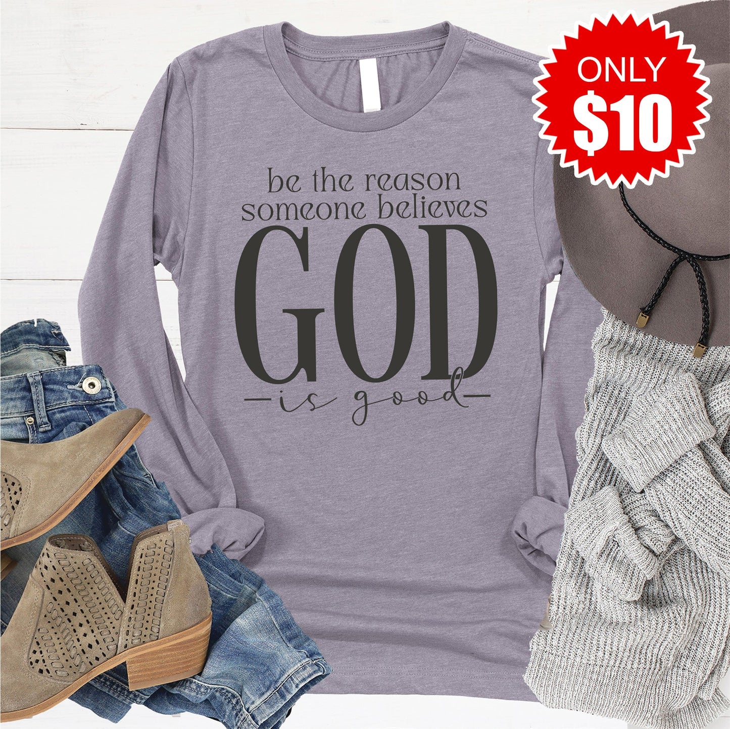 God Is Good Long Sleeve - Heather Storm - 10