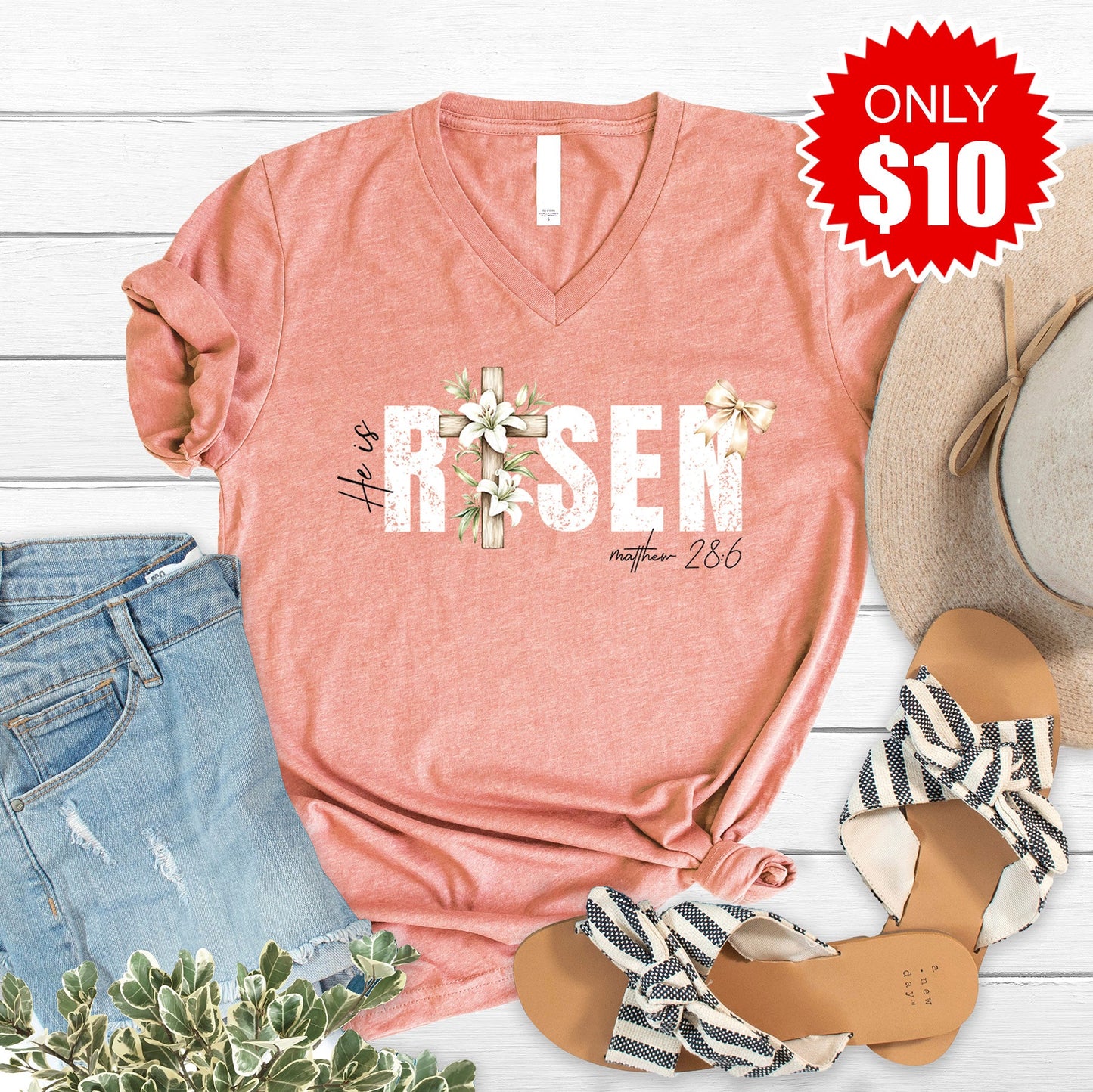 He Is Risen V-Neck - Heather Sunset - 10