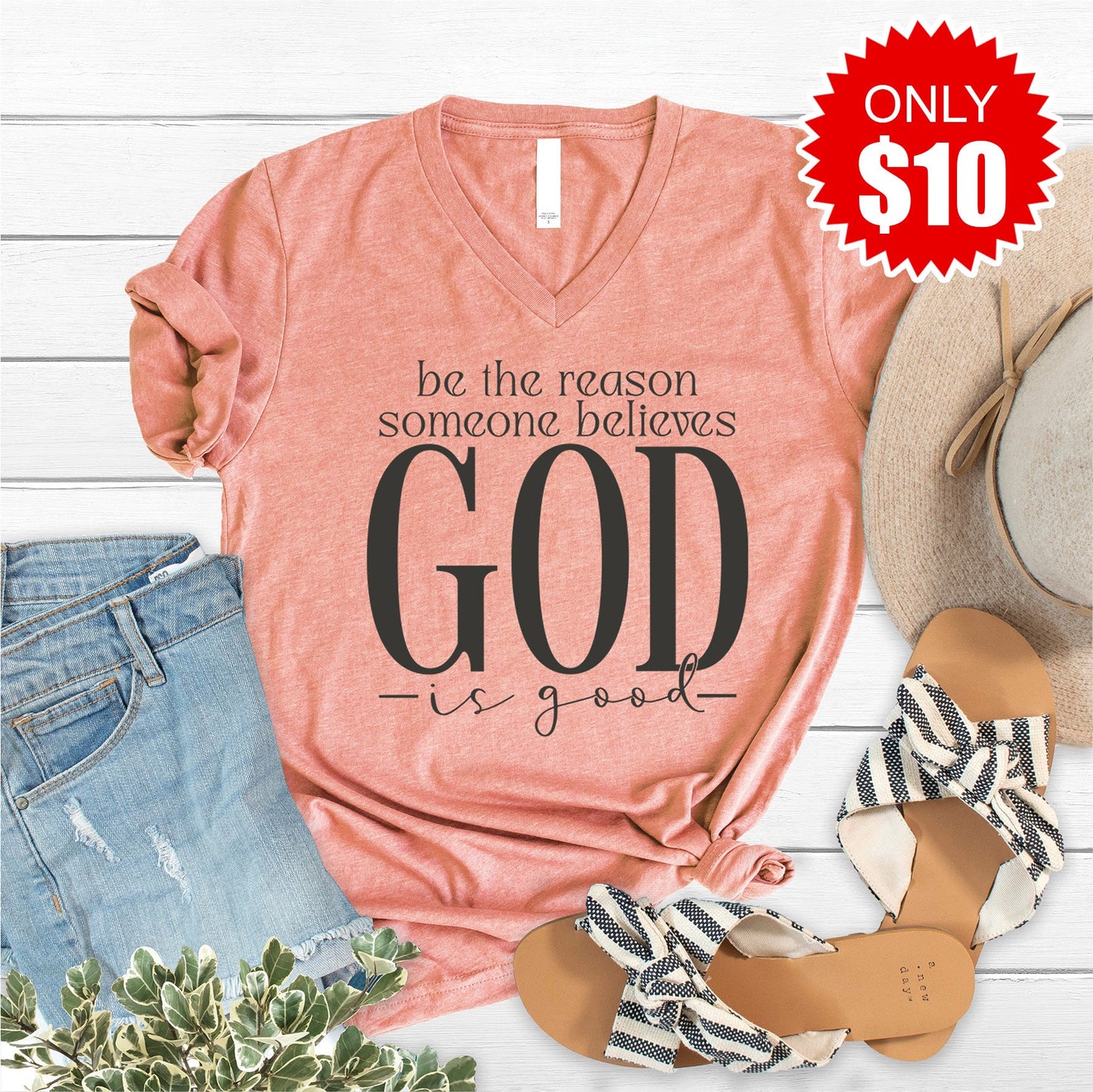 God Is Good V-Neck - Heather Sunset - 10