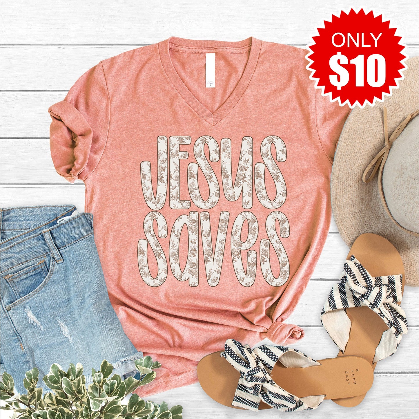 Jesus Saves V-Neck - Heather Sunset - 10