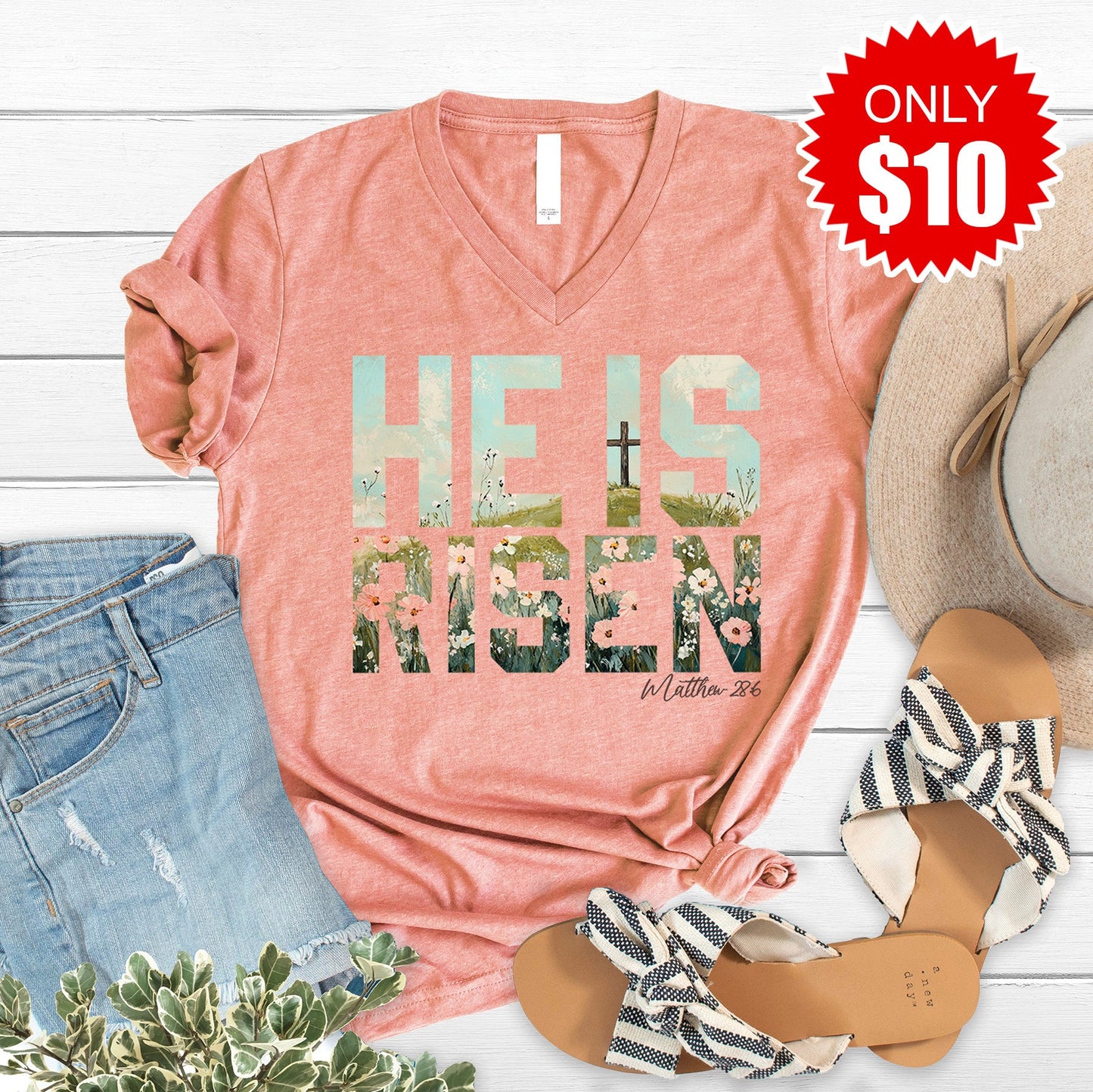 He Is Risen V-Neck - Heather Sunset - 10