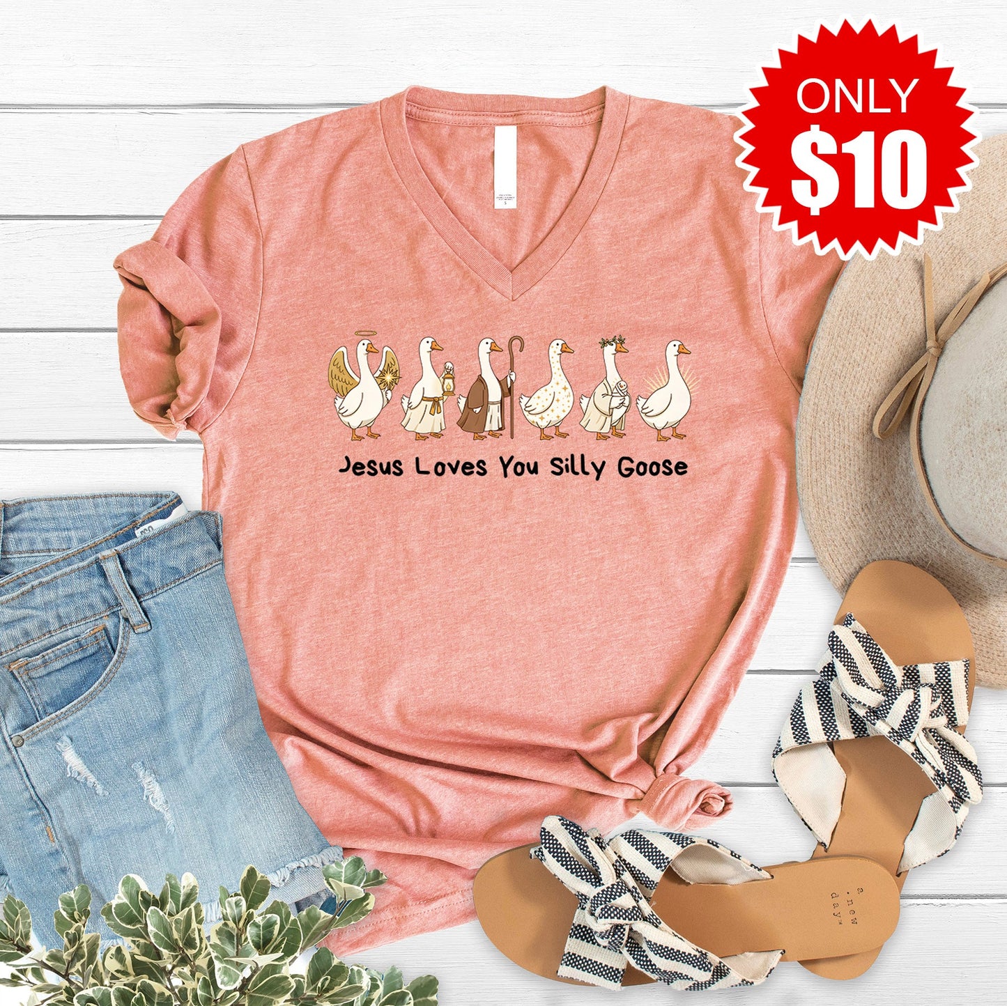 Jesus Loves You Silly Goose V-Neck - Heather Sunset - 10