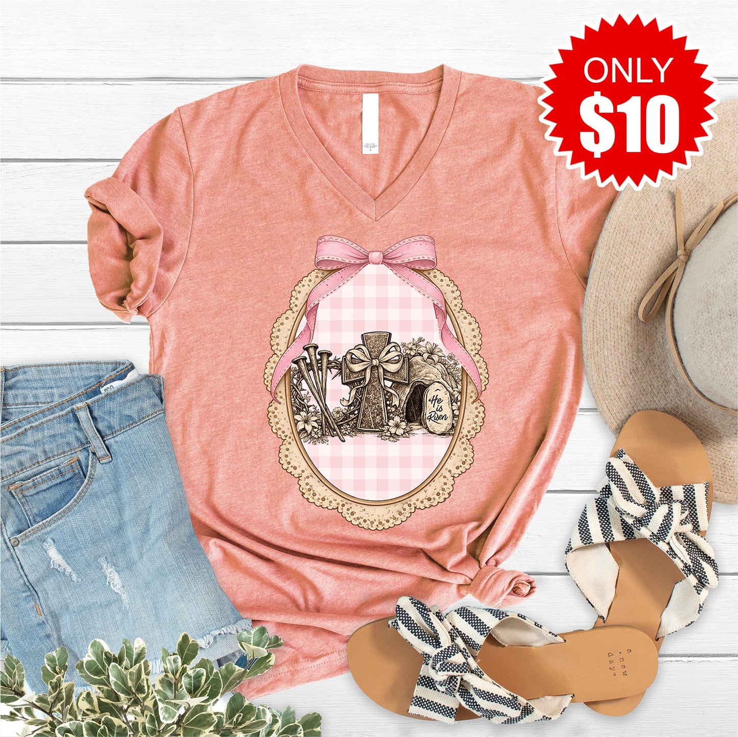 He Is Risen V-Neck - Heather Sunset - 10